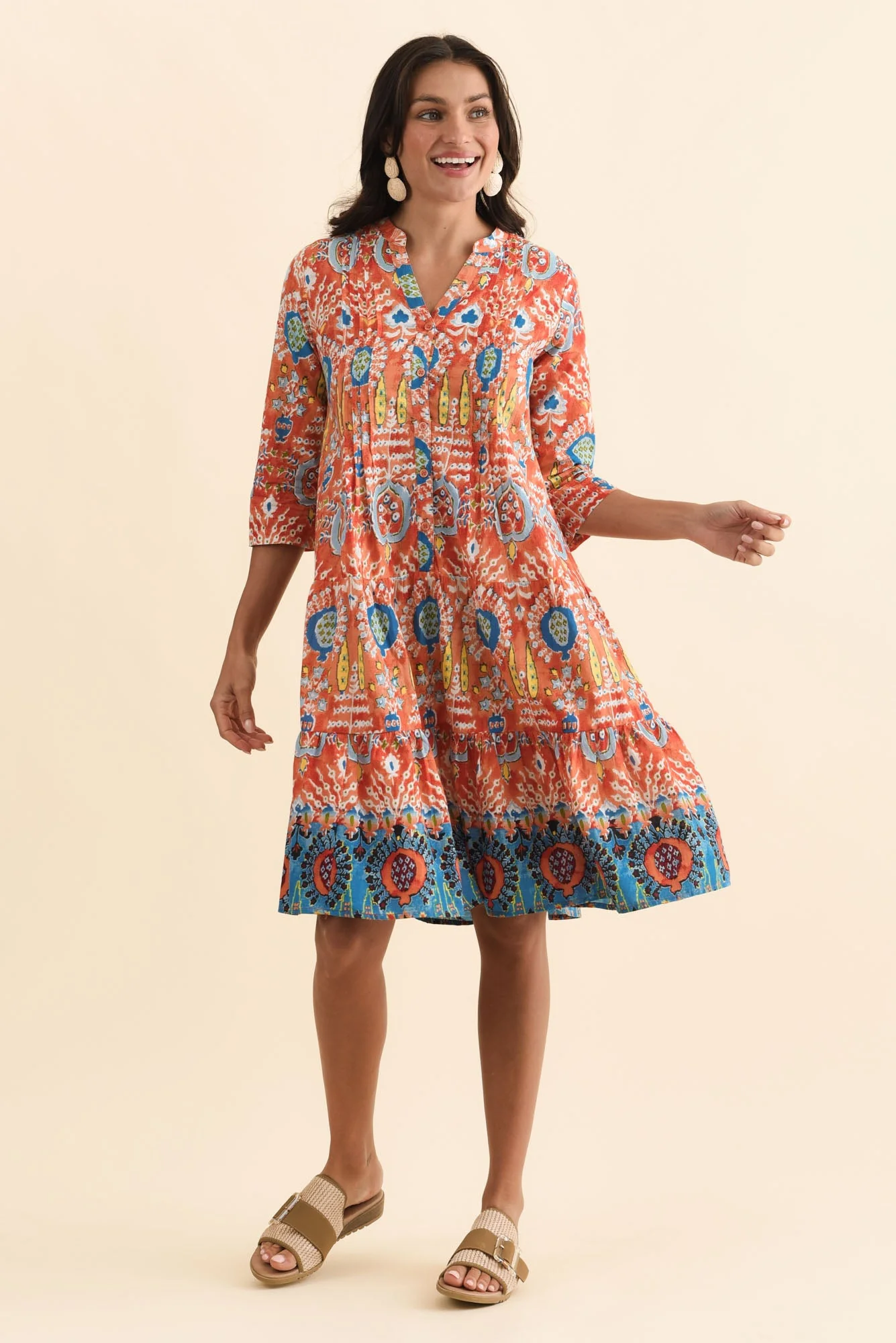 Larissa Orange Motif Cotton Pleated Dress - Image 6