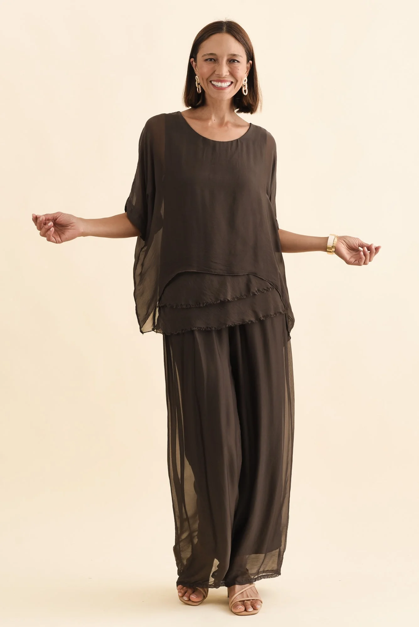 Laurier Chocolate Silk Wide Leg Pants - Image 6