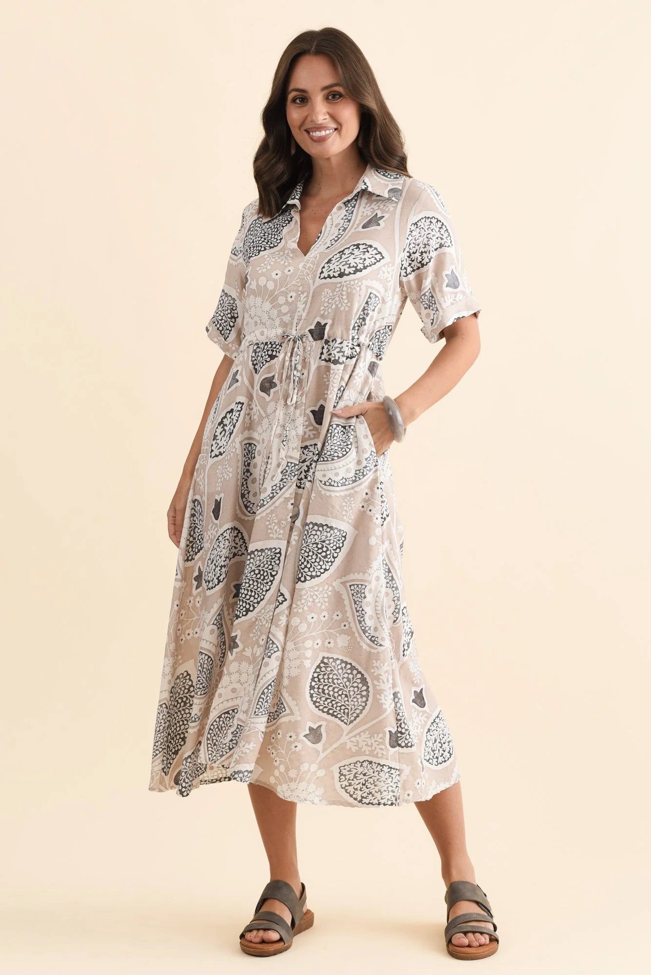 Leigh Beige Flower Tie Dress - Image 6