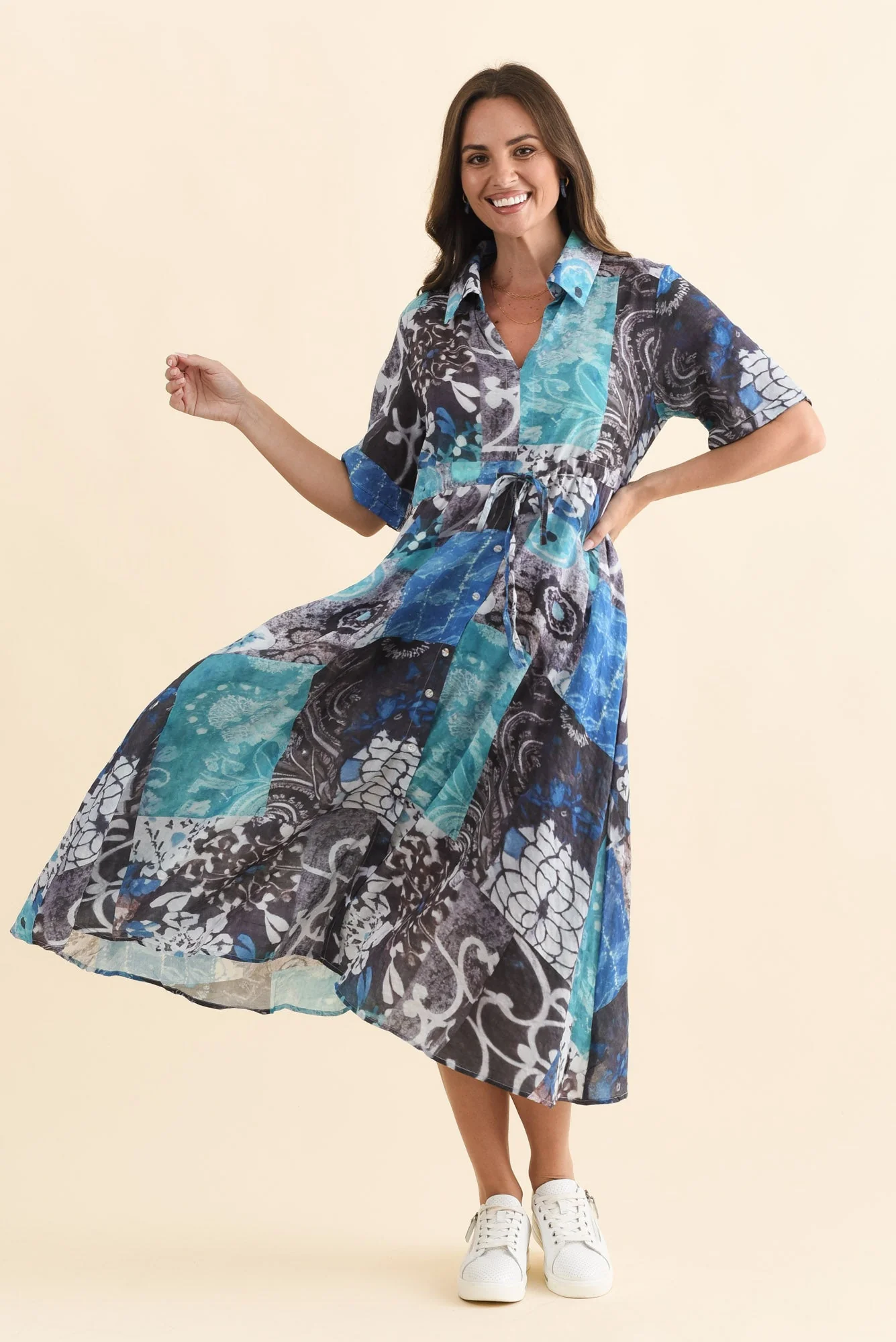 Leigh Blue Patchwork Tie Dress - Image 2
