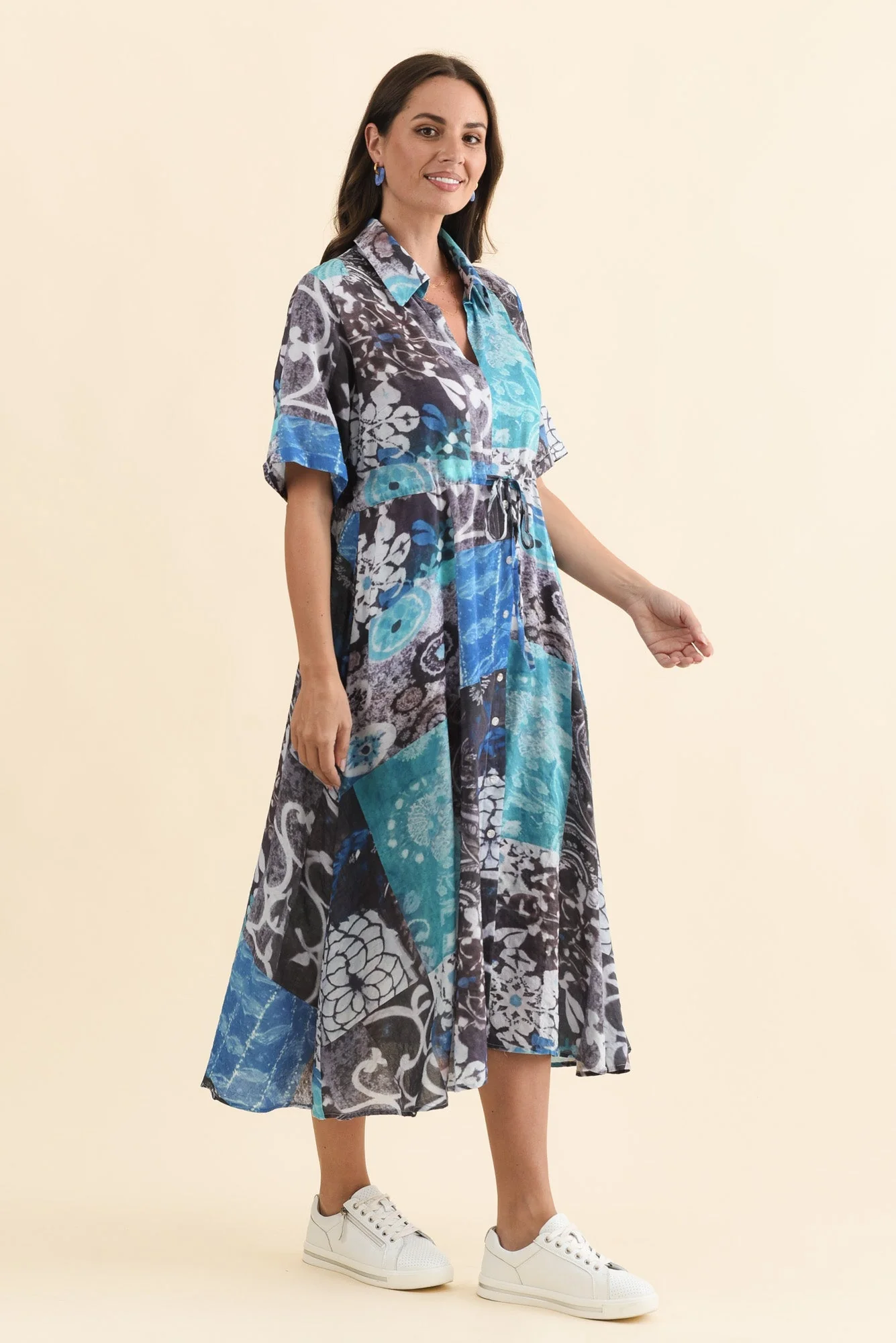 Leigh Blue Patchwork Tie Dress - Image 3