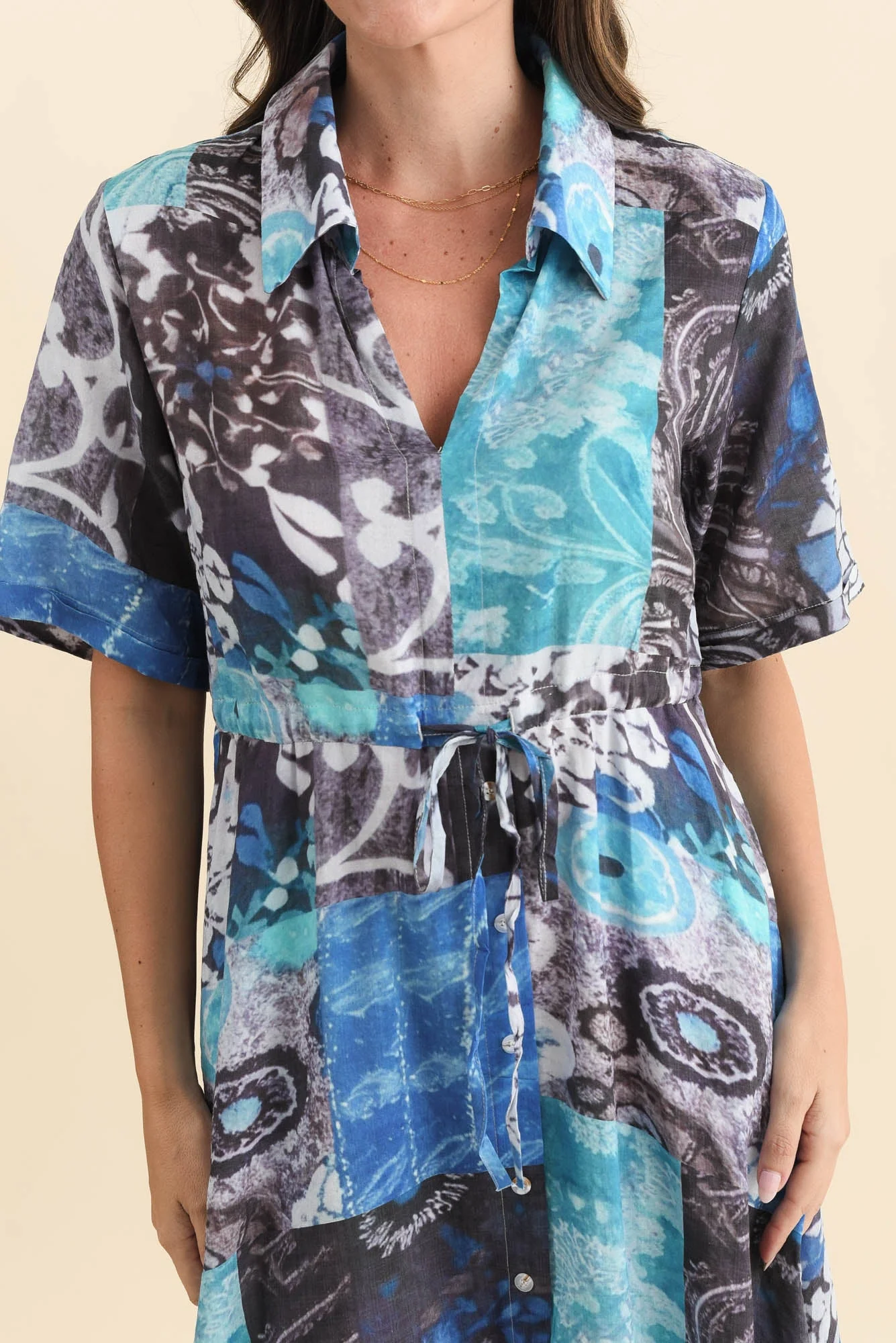 Leigh Blue Patchwork Tie Dress - Image 5
