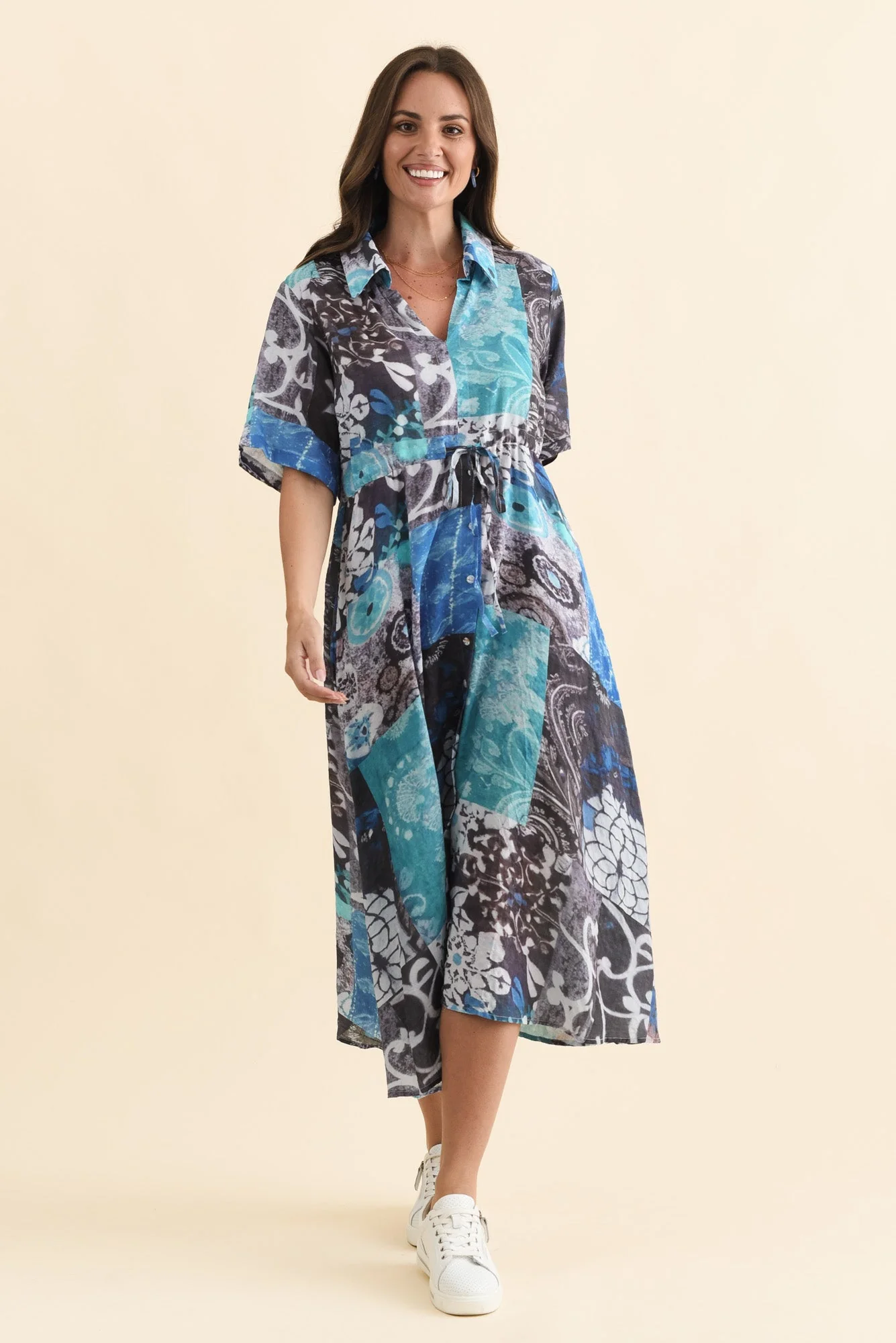 Leigh Blue Patchwork Tie Dress - Image 6