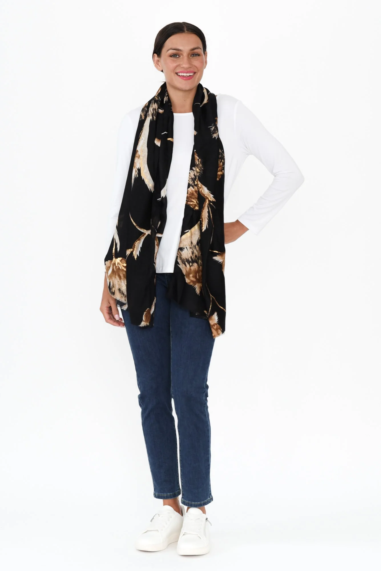Lelia Black Flower Fringe Scarf - Image 3