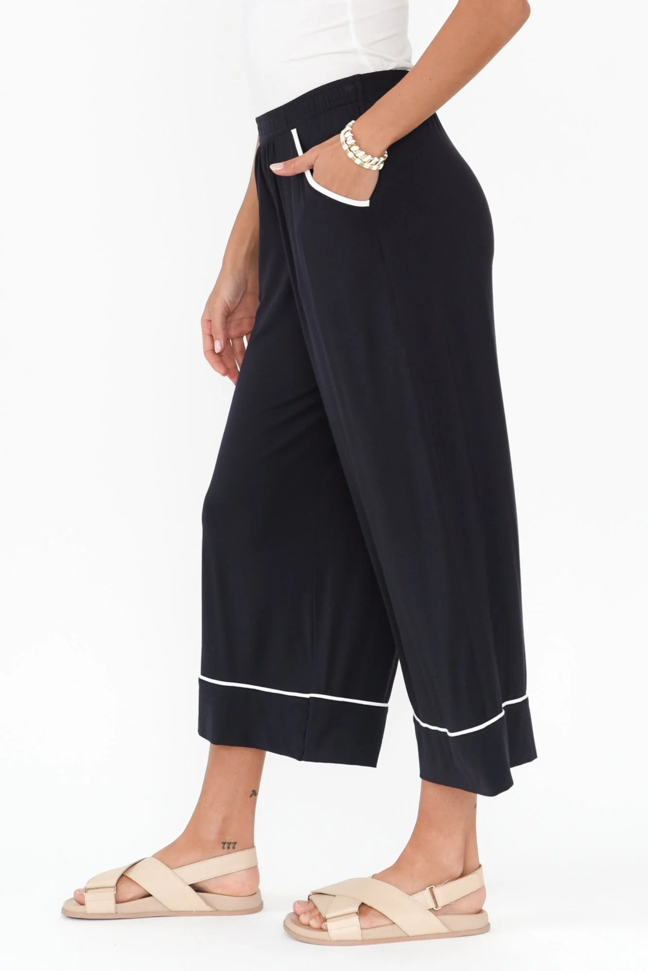 Lena Navy Contrast Micro Modal Resort Pants - Image 4