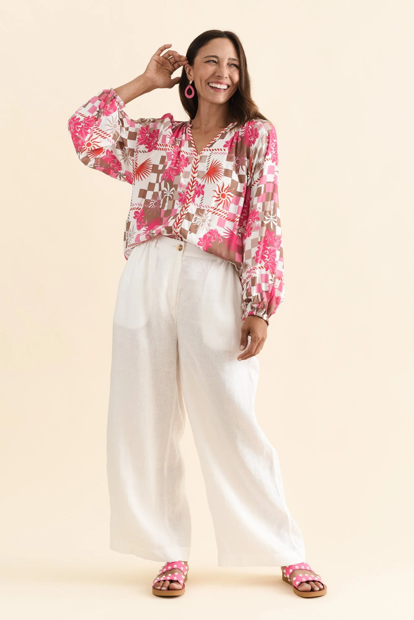 Leonora Red Tropical Button Blouse - Image 2