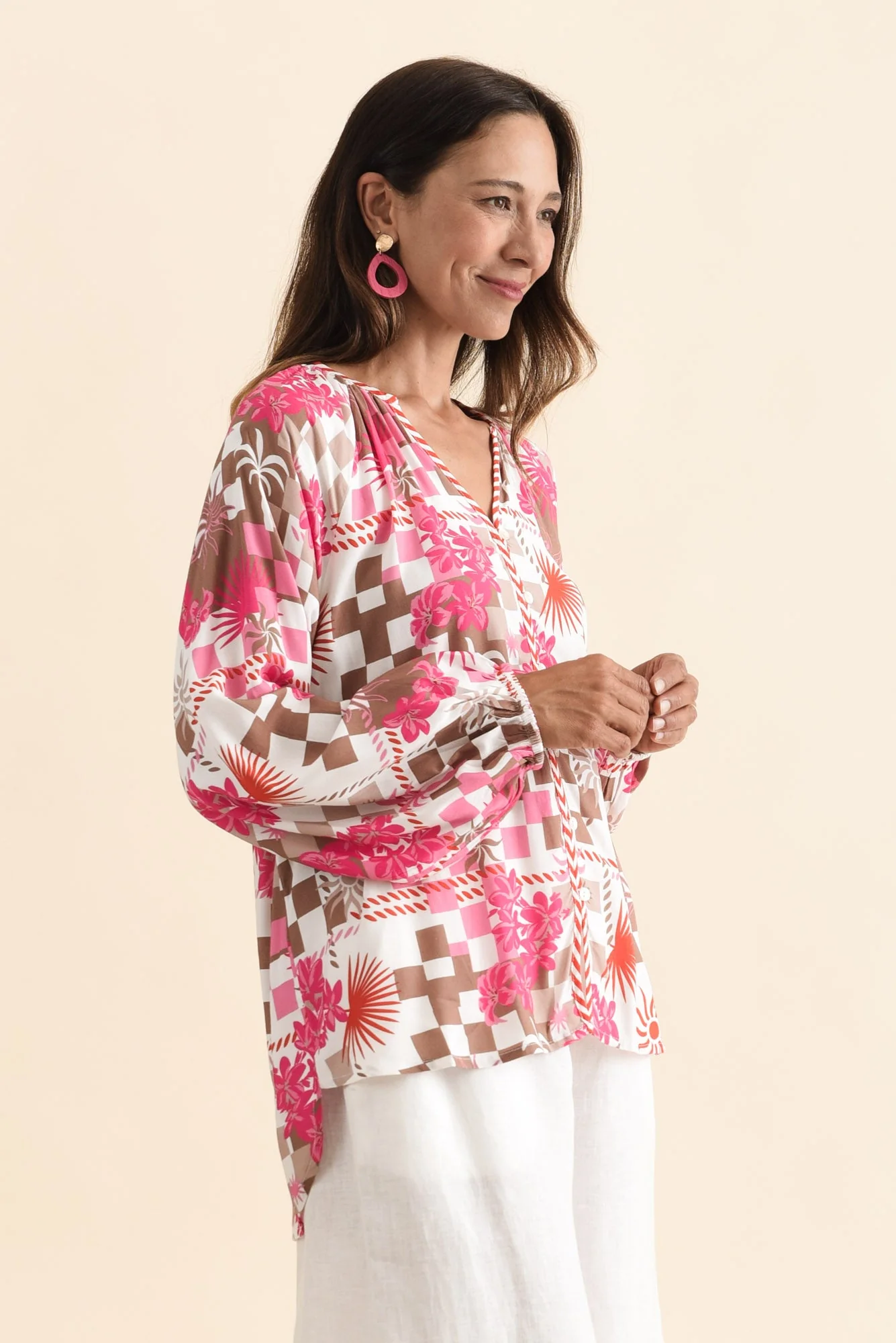 Leonora Red Tropical Button Blouse - Image 3