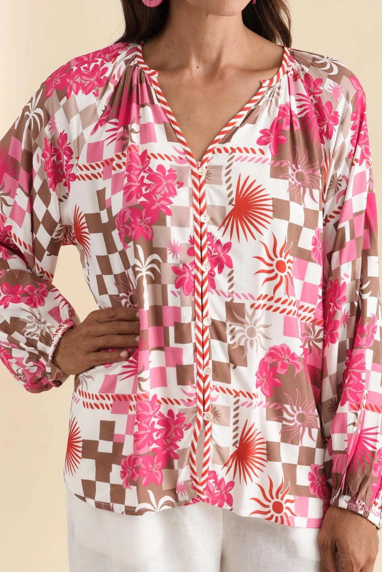 Leonora Red Tropical Button Blouse - Image 5