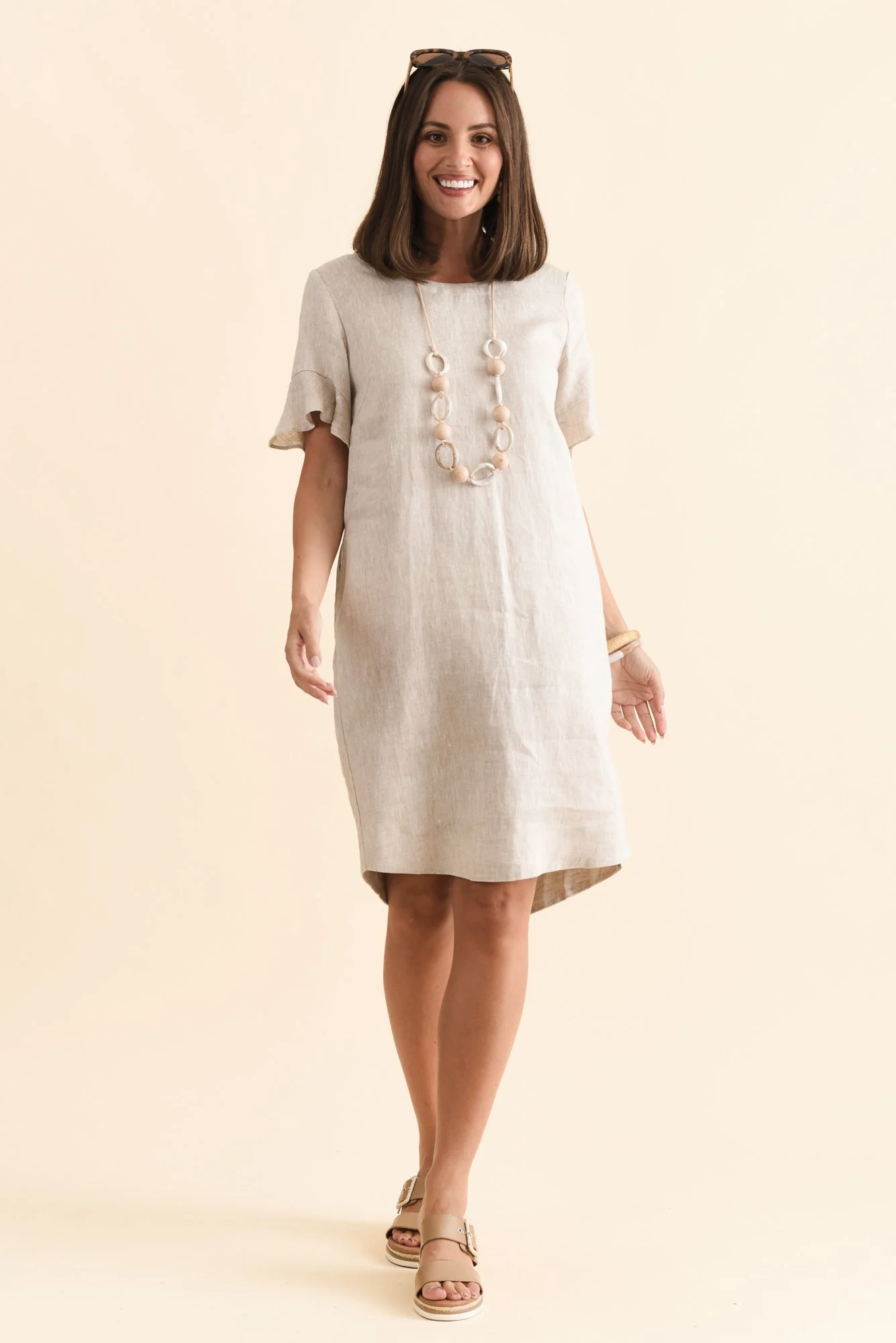 Lesley Beige Linen Flutter Sleeve Dress - Image 2