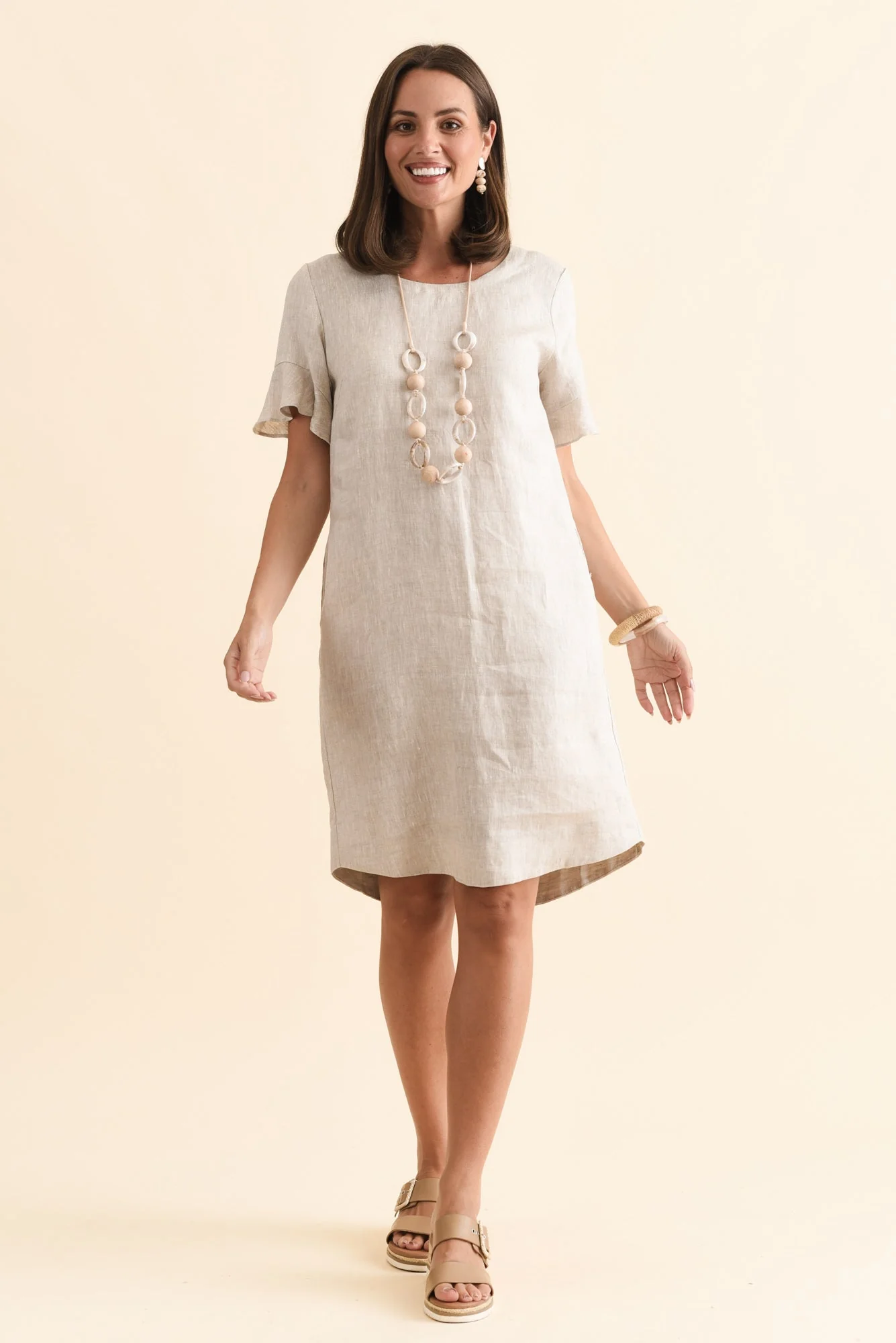 Lesley Beige Linen Flutter Sleeve Dress - Image 3