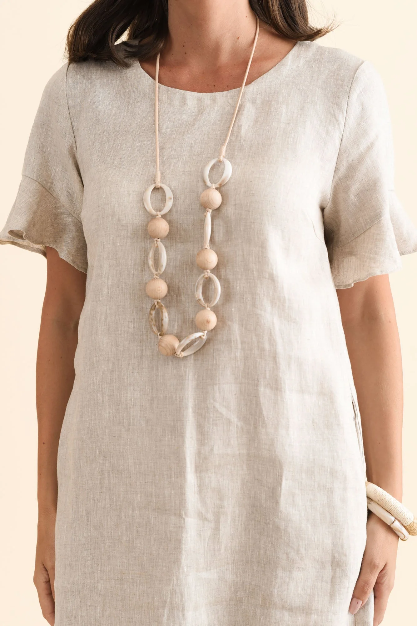 Lesley Beige Linen Flutter Sleeve Dress - Image 6