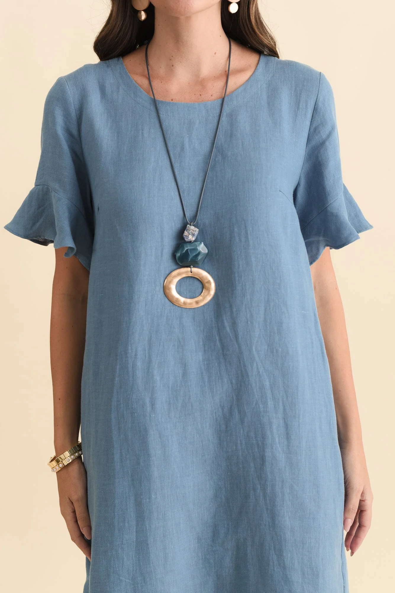 Lesley Blue Linen Flutter Sleeve Dress - Image 5