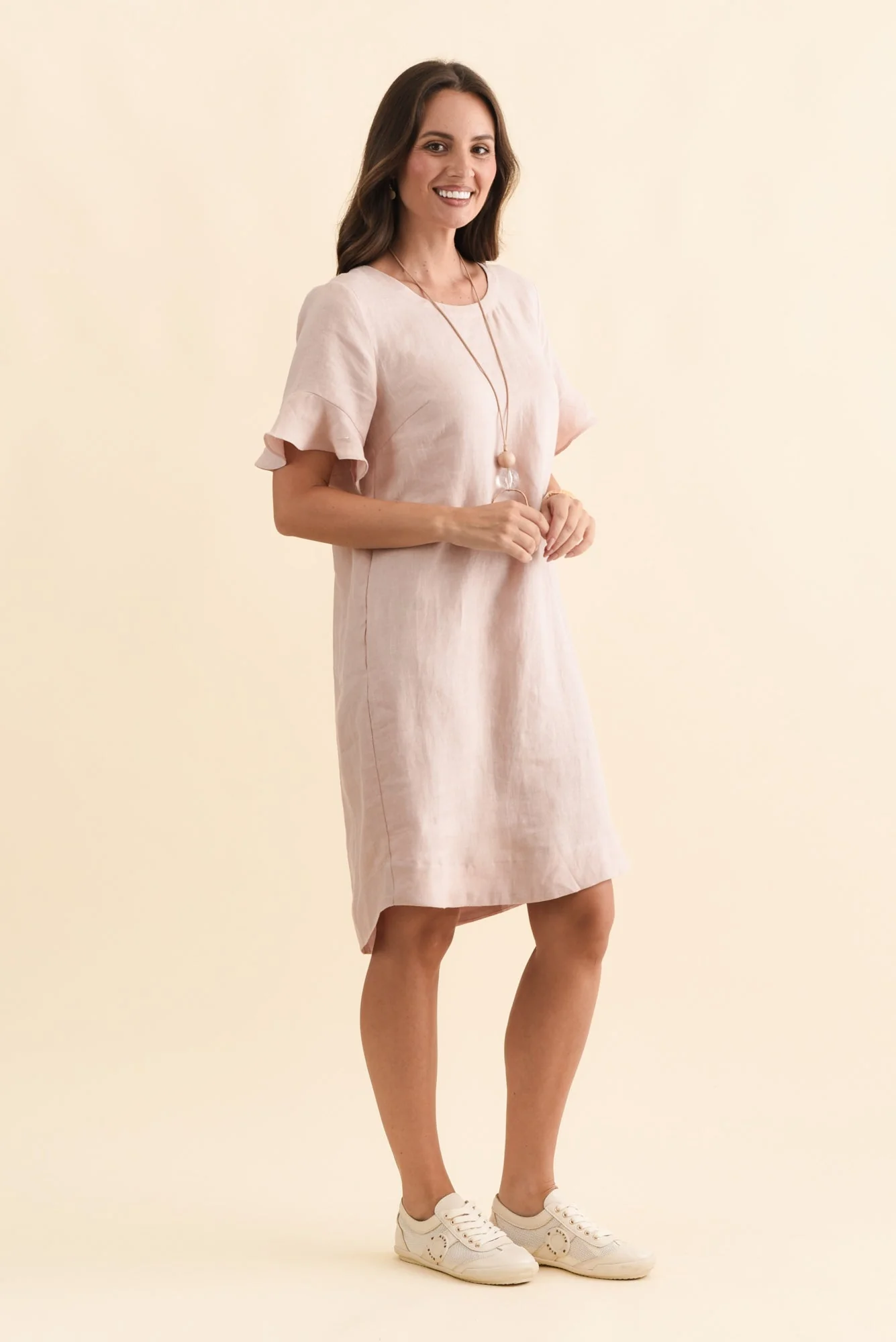 Lesley Blush Linen Flutter Sleeve Dress - Image 3