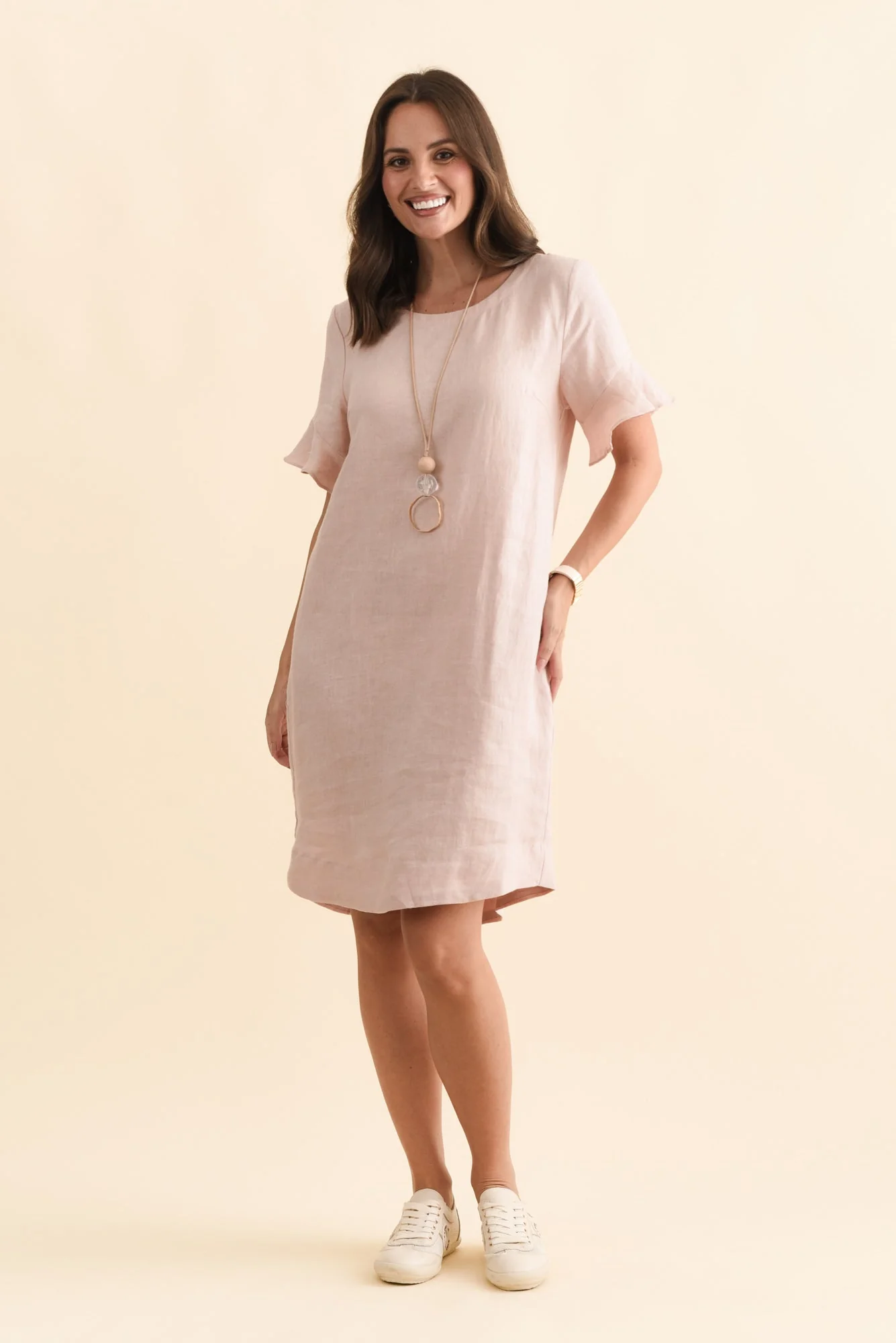 Lesley Blush Linen Flutter Sleeve Dress - Image 6