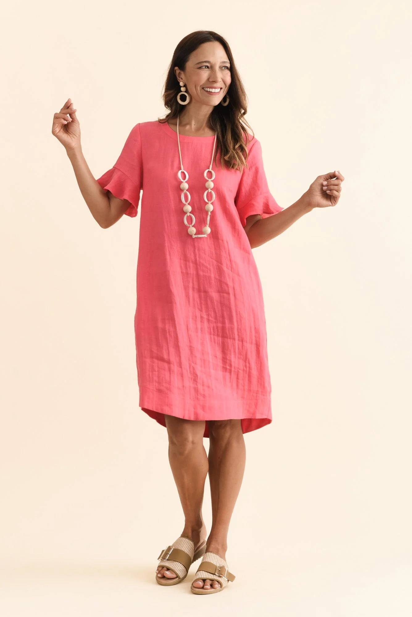 Lesley Melon Linen Flutter Sleeve Dress - Image 2