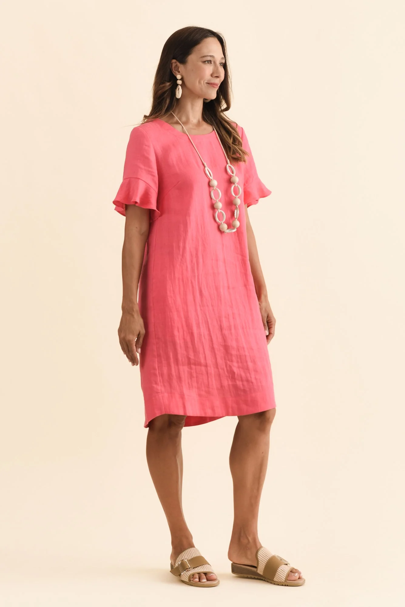 Lesley Melon Linen Flutter Sleeve Dress - Image 3