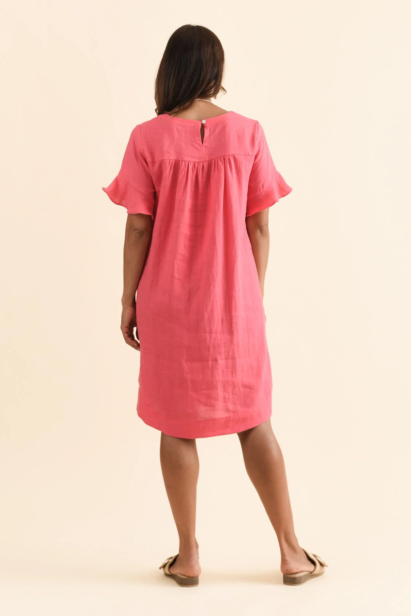 Lesley Melon Linen Flutter Sleeve Dress - Image 4