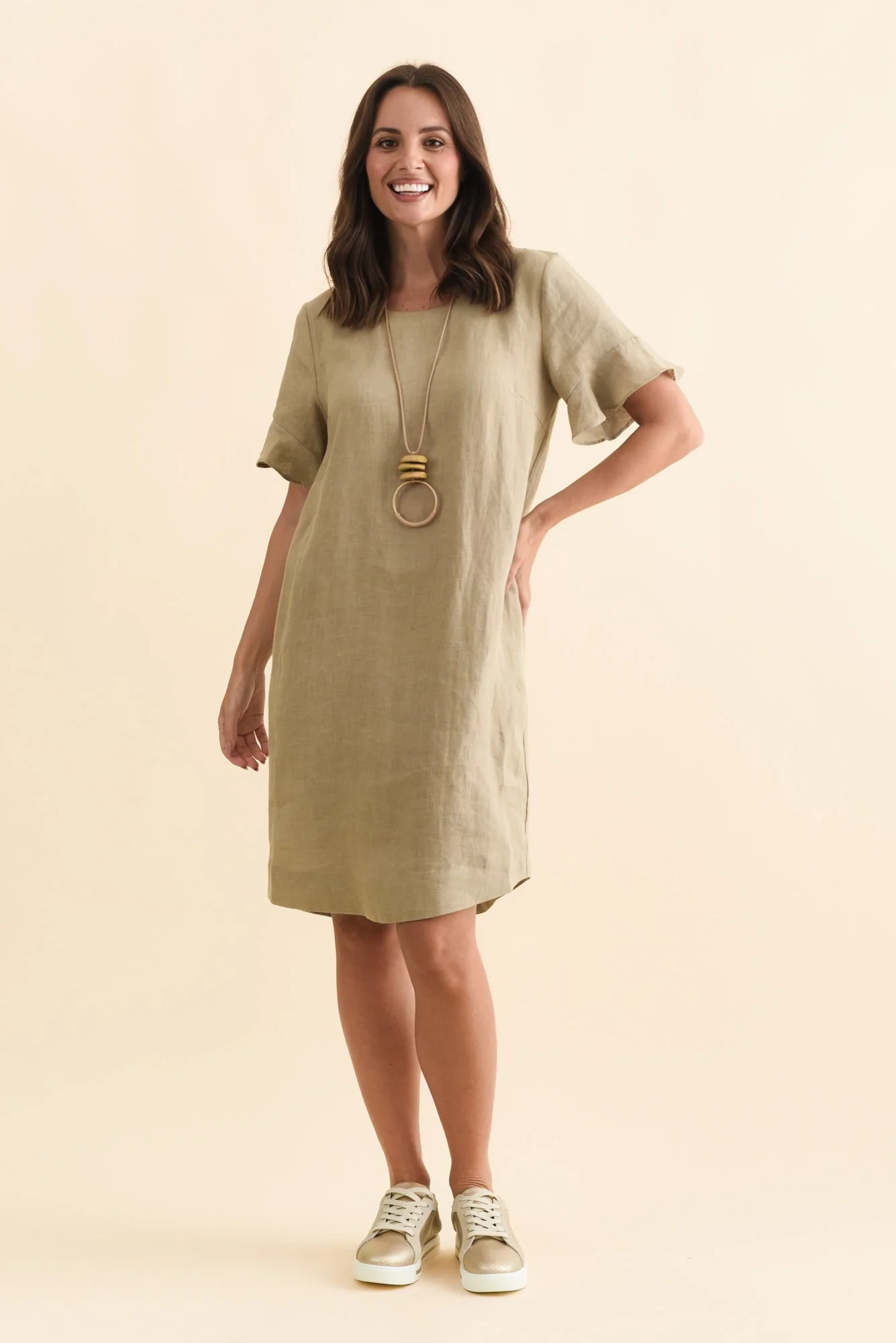 Lesley Taupe Linen Flutter Sleeve Dress - Image 2