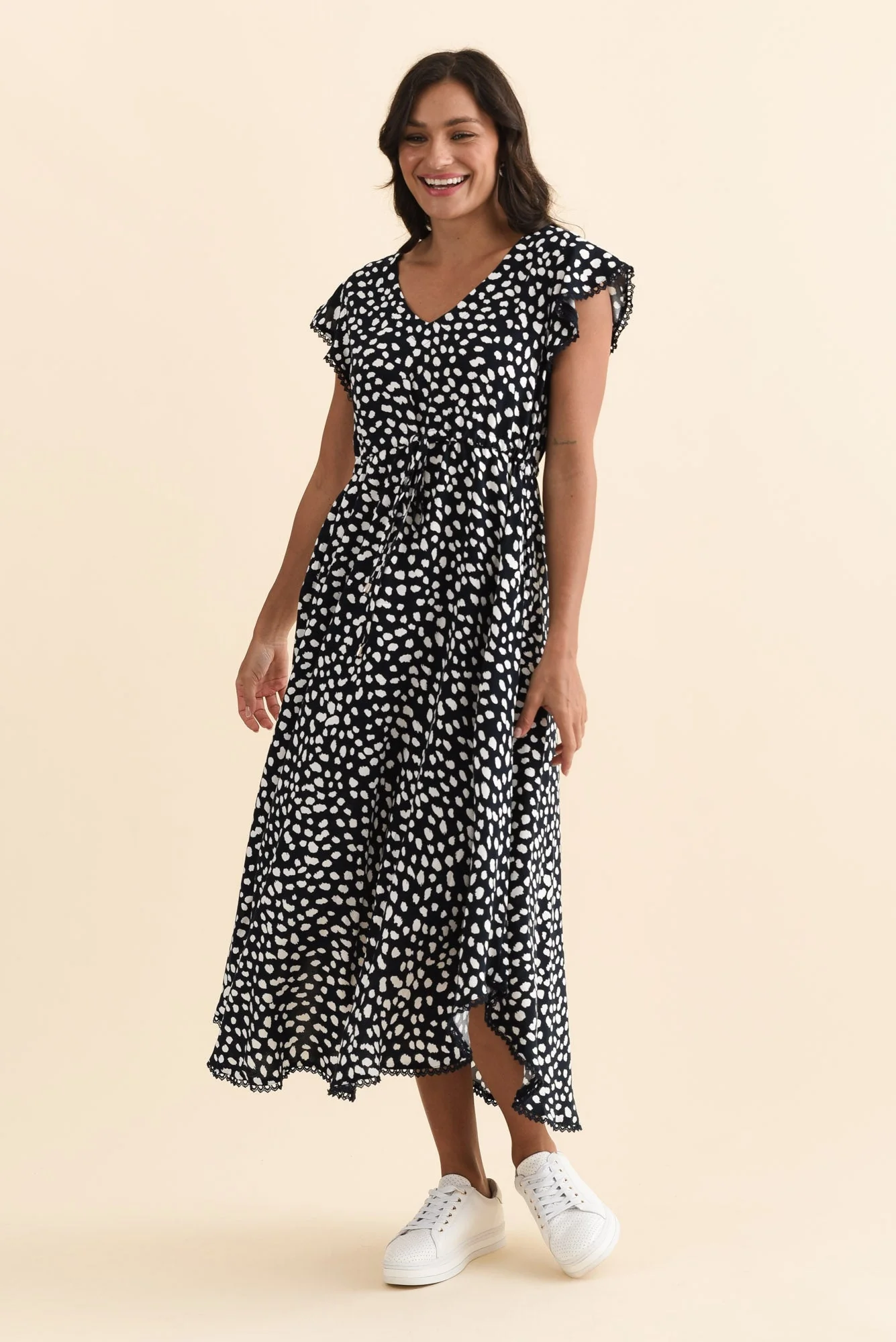 Libby Navy Spot Midi Dress - Image 2