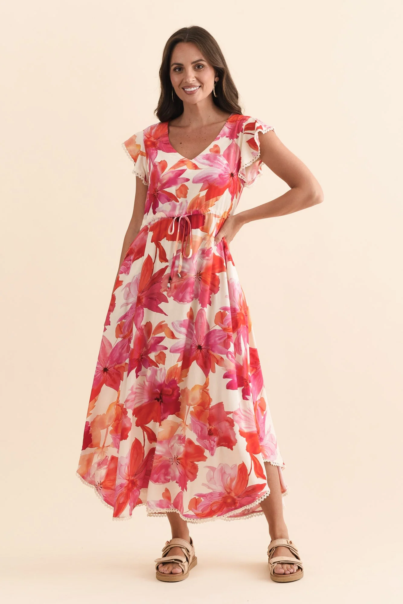 Libby Orange Flower Midi Dress - Image 2