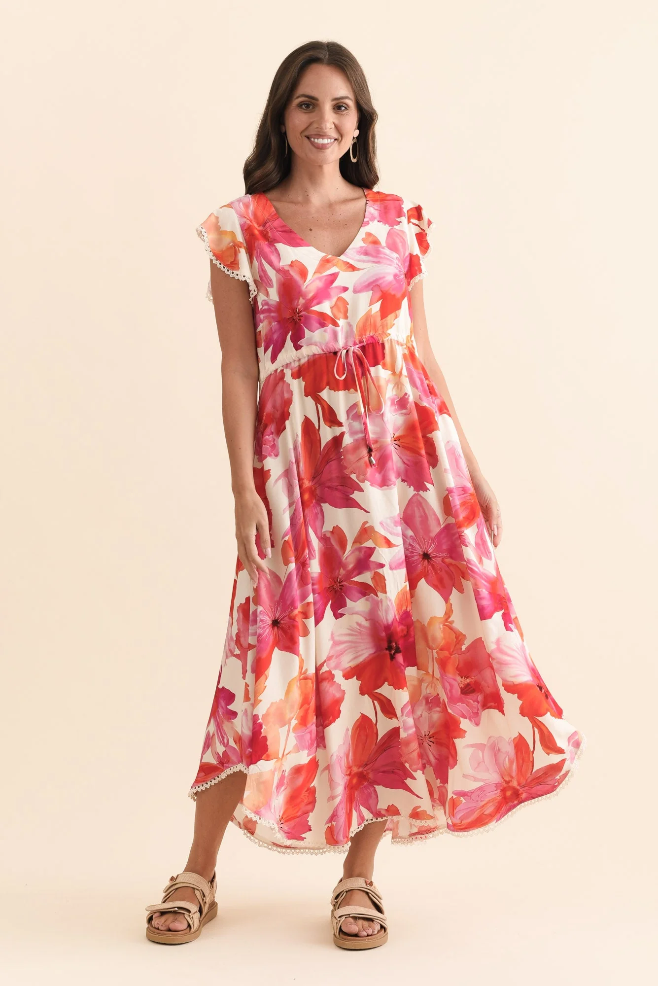 Libby Orange Flower Midi Dress - Image 3