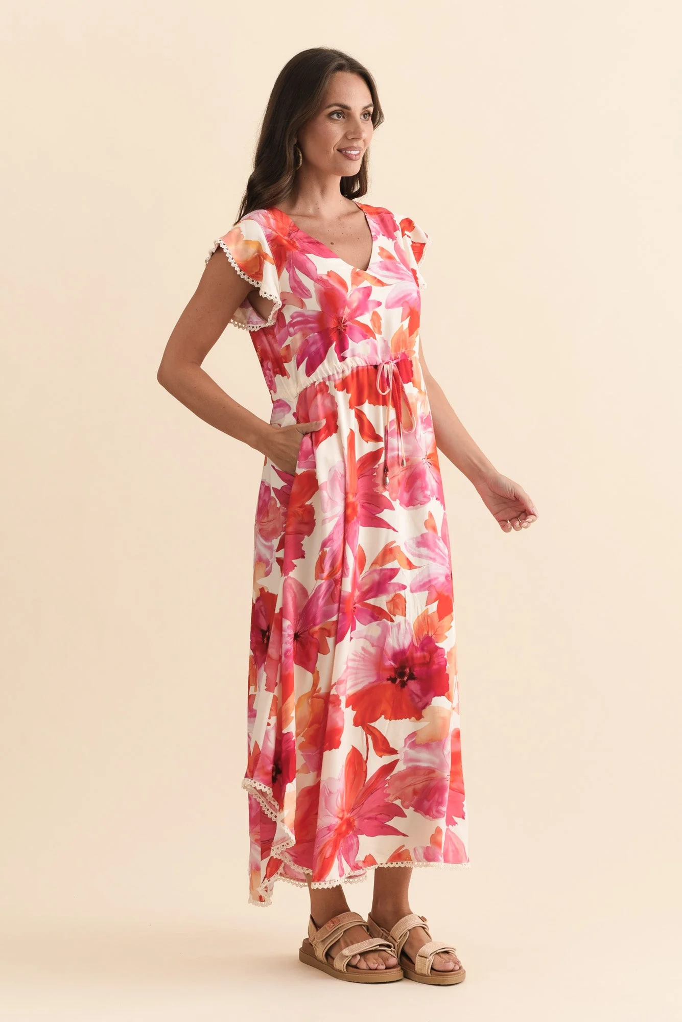 Libby Orange Flower Midi Dress - Image 4