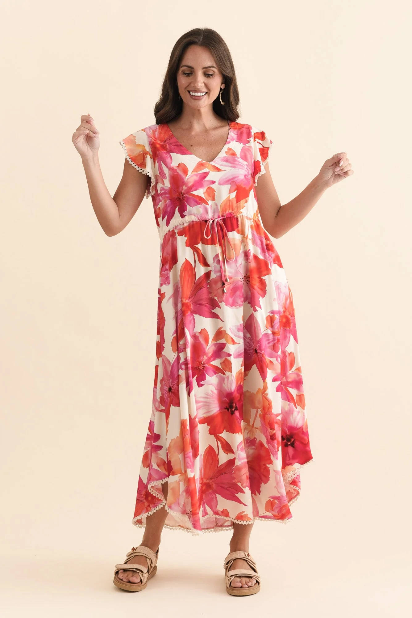 Libby Orange Flower Midi Dress - Image 7