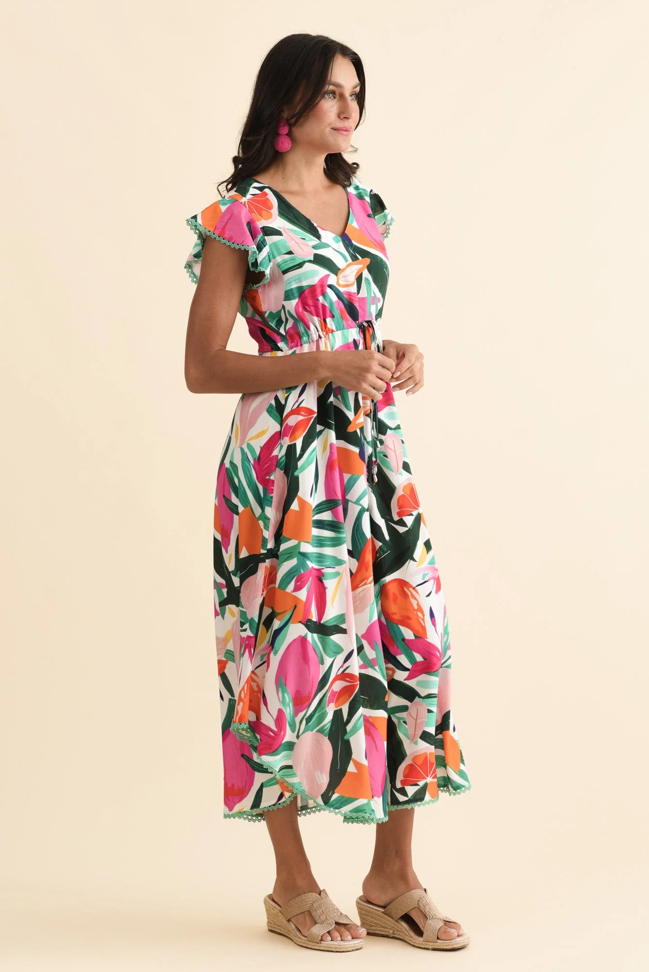 Libby Pink Flower Midi Dress - Image 3