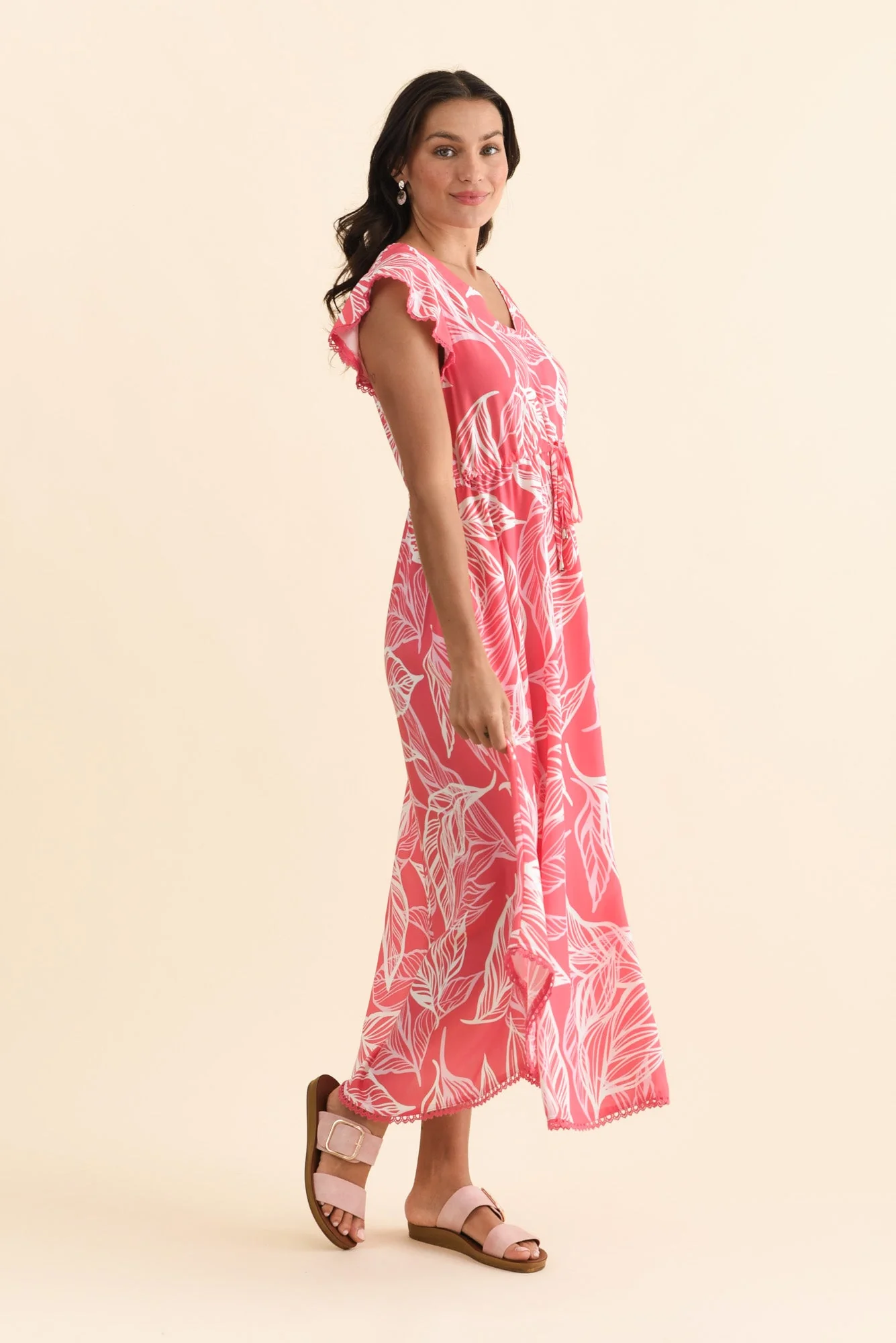 Libby Pink Leaf Midi Dress - Image 3