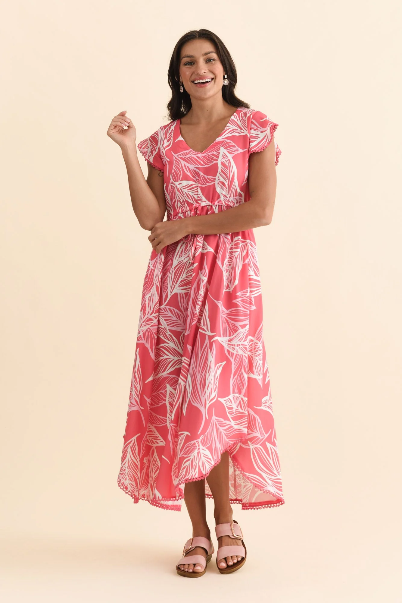 Libby Pink Leaf Midi Dress - Image 6