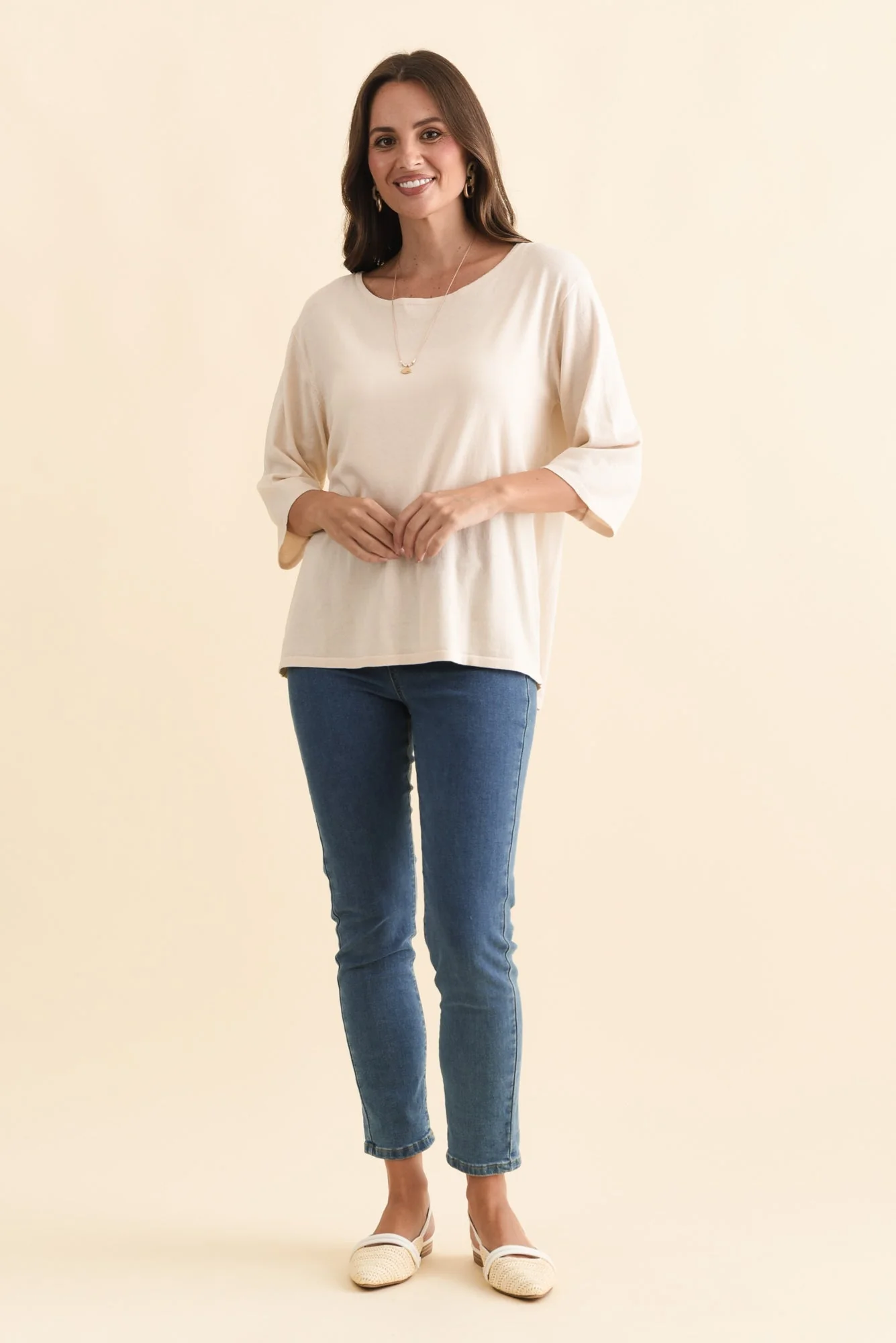 Liberty Beige Cotton Knit 3/4 Sleeve Top - Image 3