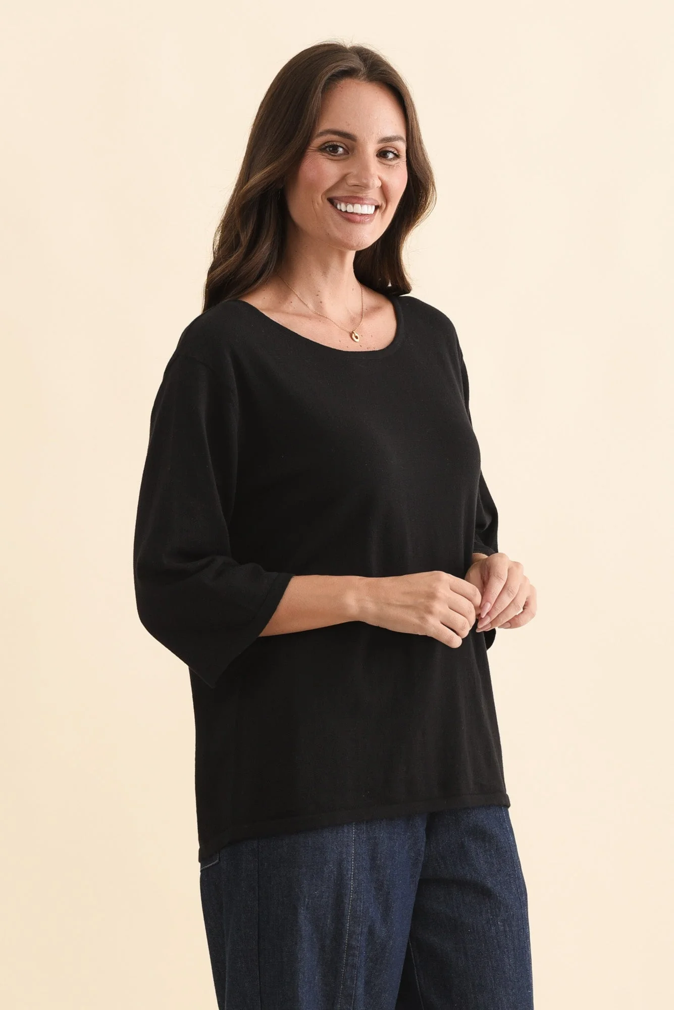 Liberty Black Cotton Knit 3/4 Sleeve Top - Image 3