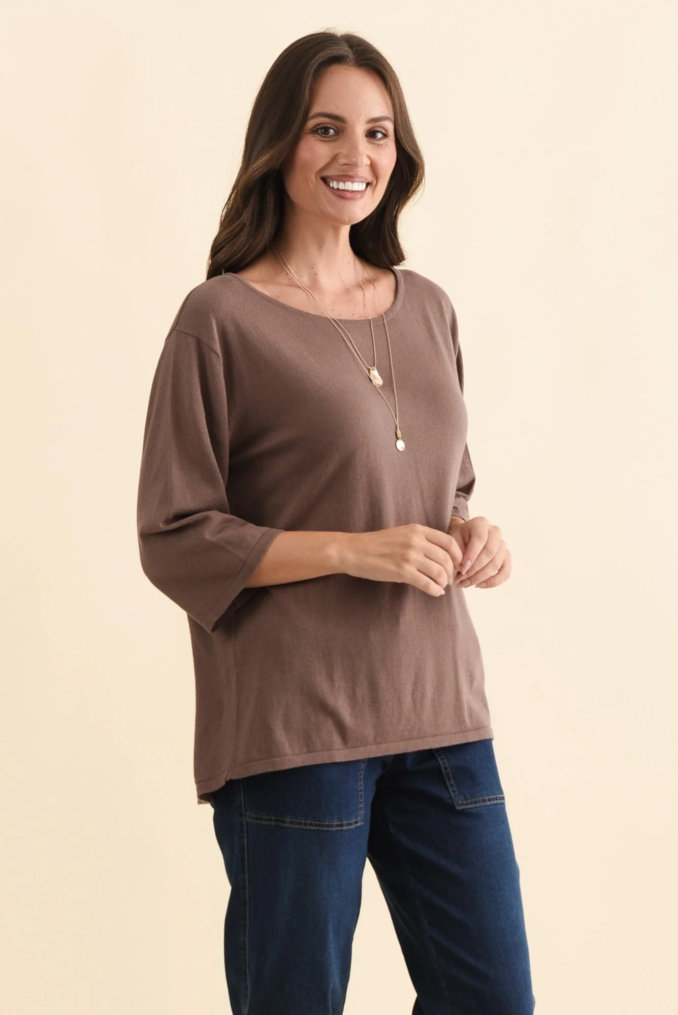 Liberty Chocolate Cotton Knit 3/4 Sleeve Top - Image 3