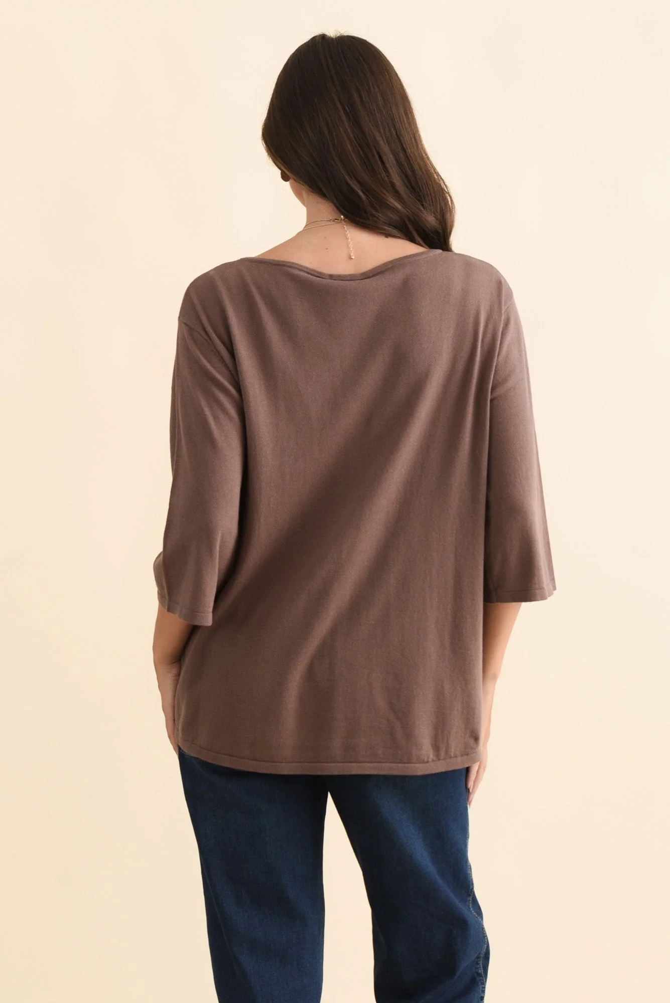 Liberty Chocolate Cotton Knit 3/4 Sleeve Top - Image 4