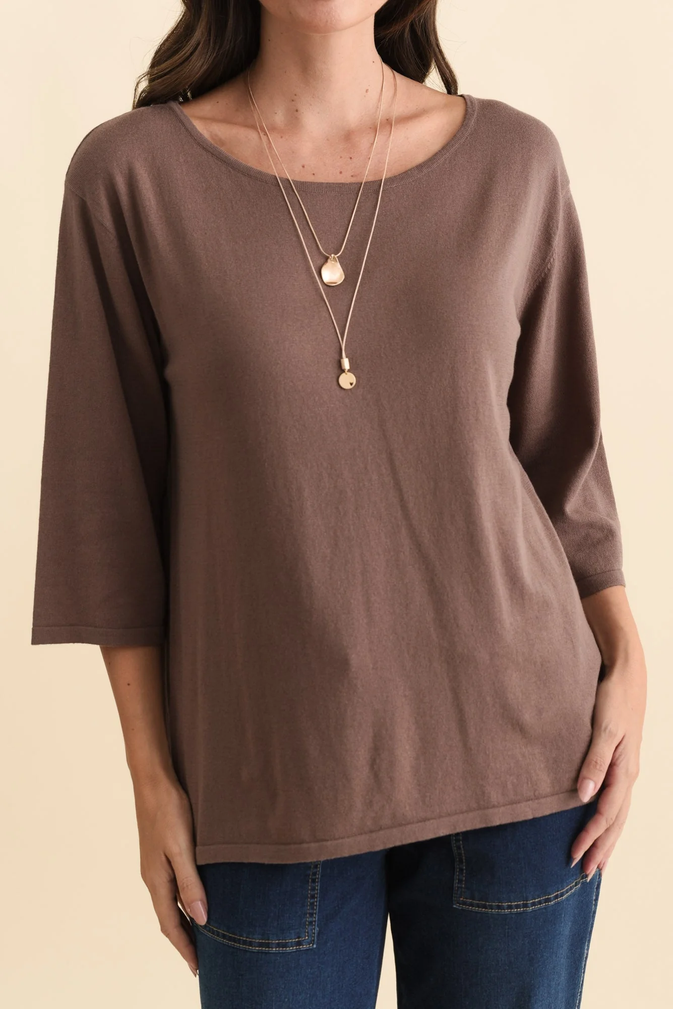 Liberty Chocolate Cotton Knit 3/4 Sleeve Top - Image 5
