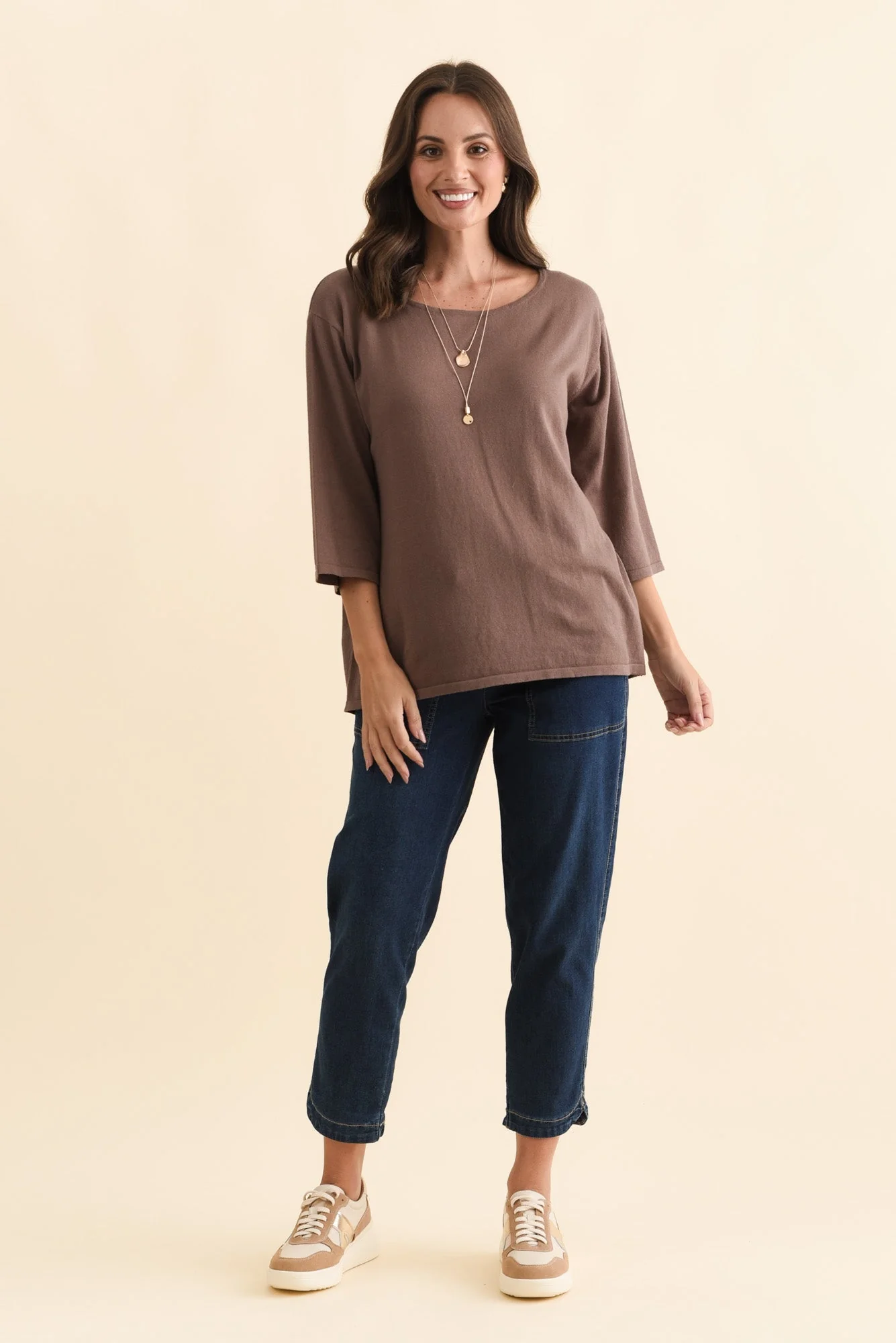 Liberty Chocolate Cotton Knit 3/4 Sleeve Top - Image 6