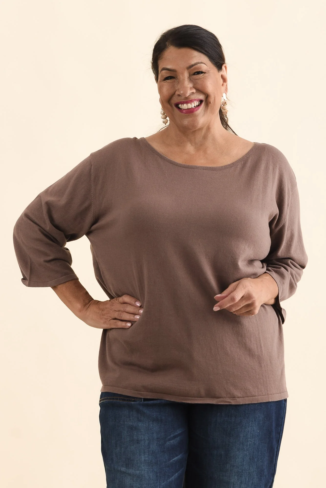 Liberty Chocolate Cotton Knit 3/4 Sleeve Top - Image 7