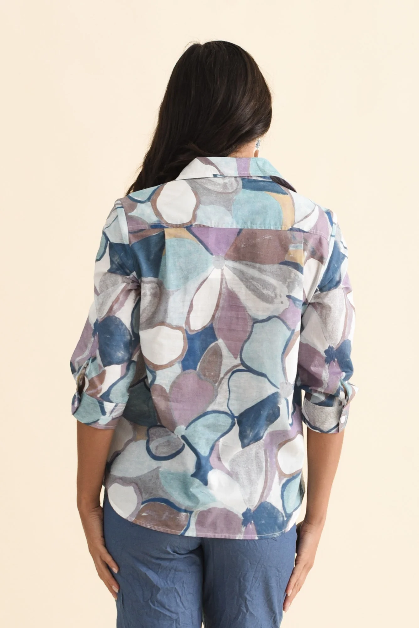 Lilah Blue Flower Cotton 3/4 Sleeved Shirt - Image 4