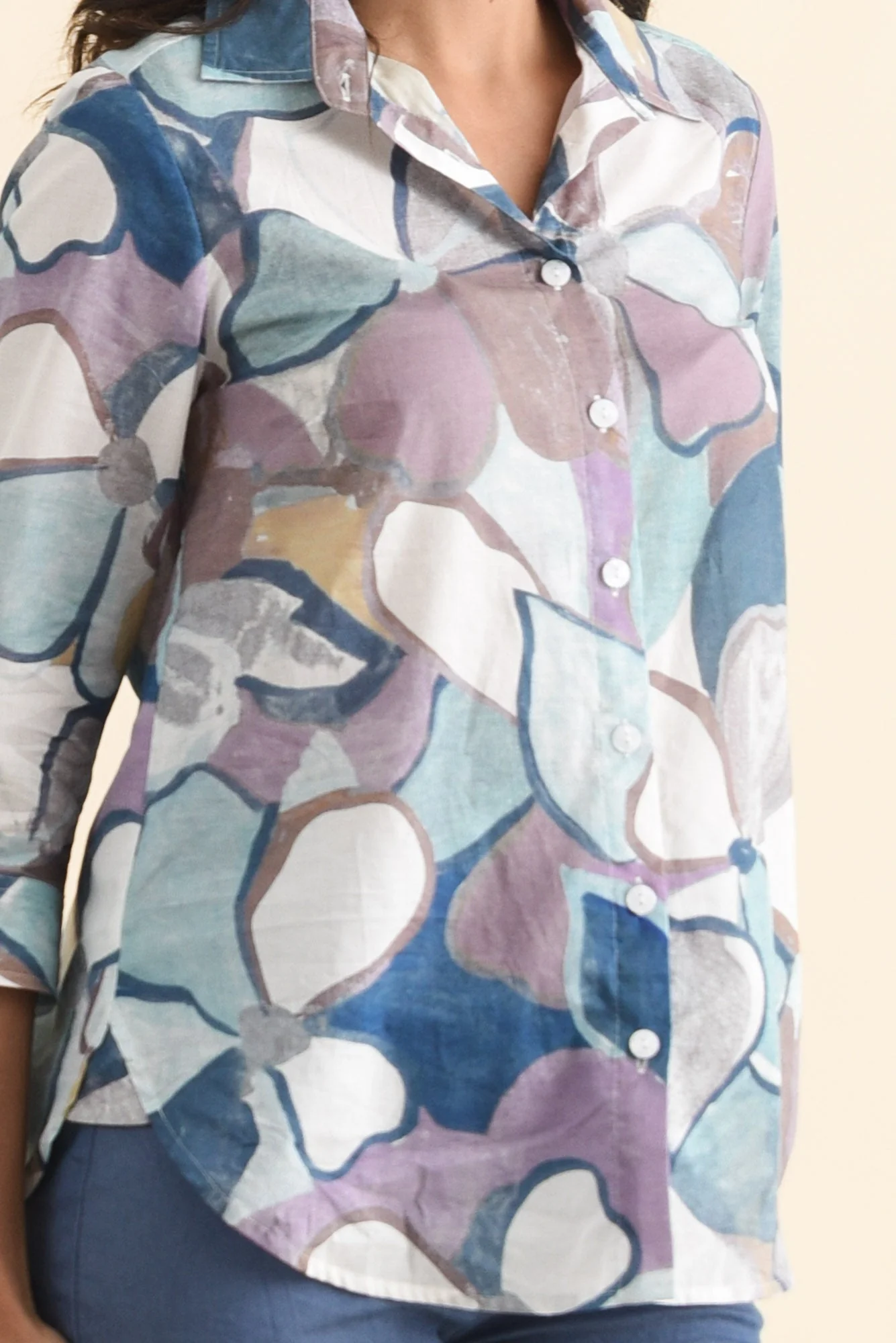 Lilah Blue Flower Cotton 3/4 Sleeved Shirt - Image 5