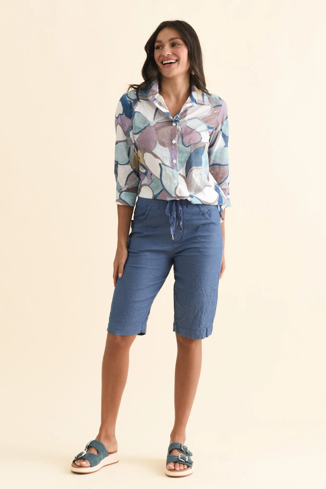 Lilah Blue Flower Cotton 3/4 Sleeved Shirt - Image 6