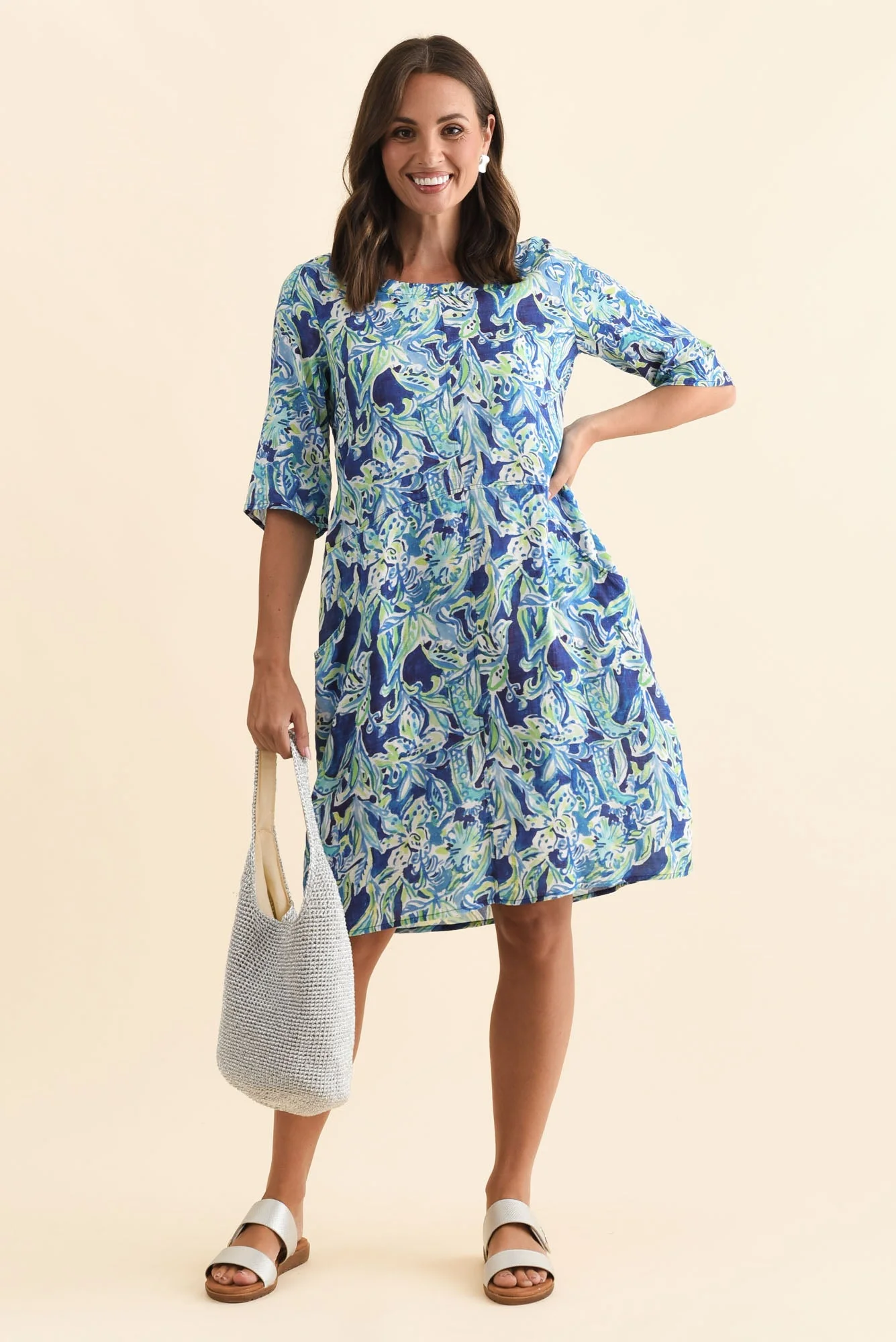 Lilibet Blue Abstract Cotton Pocket Dress - Image 2