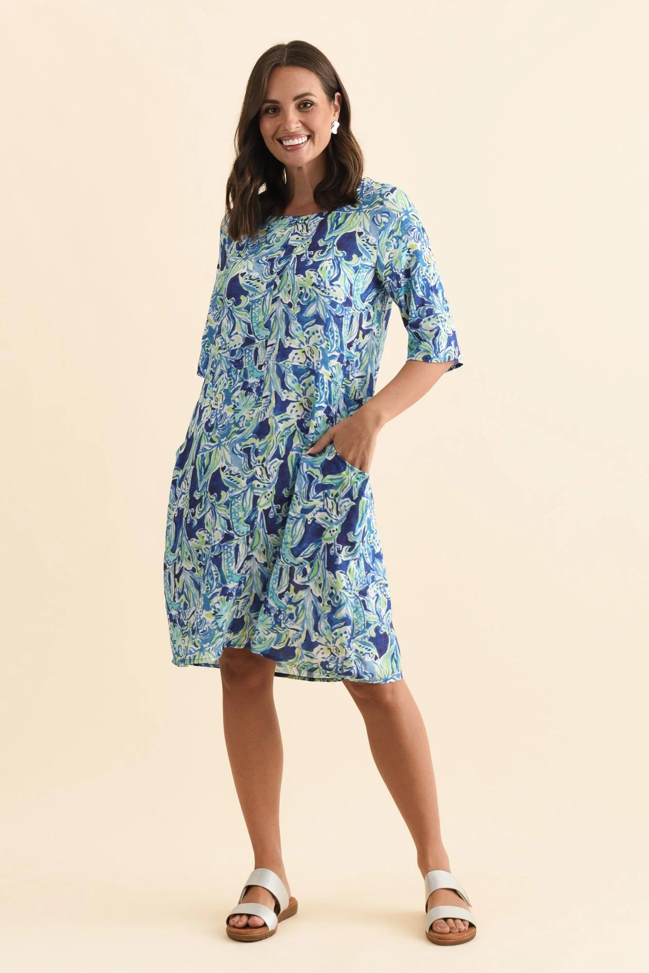 Lilibet Blue Abstract Cotton Pocket Dress - Image 3