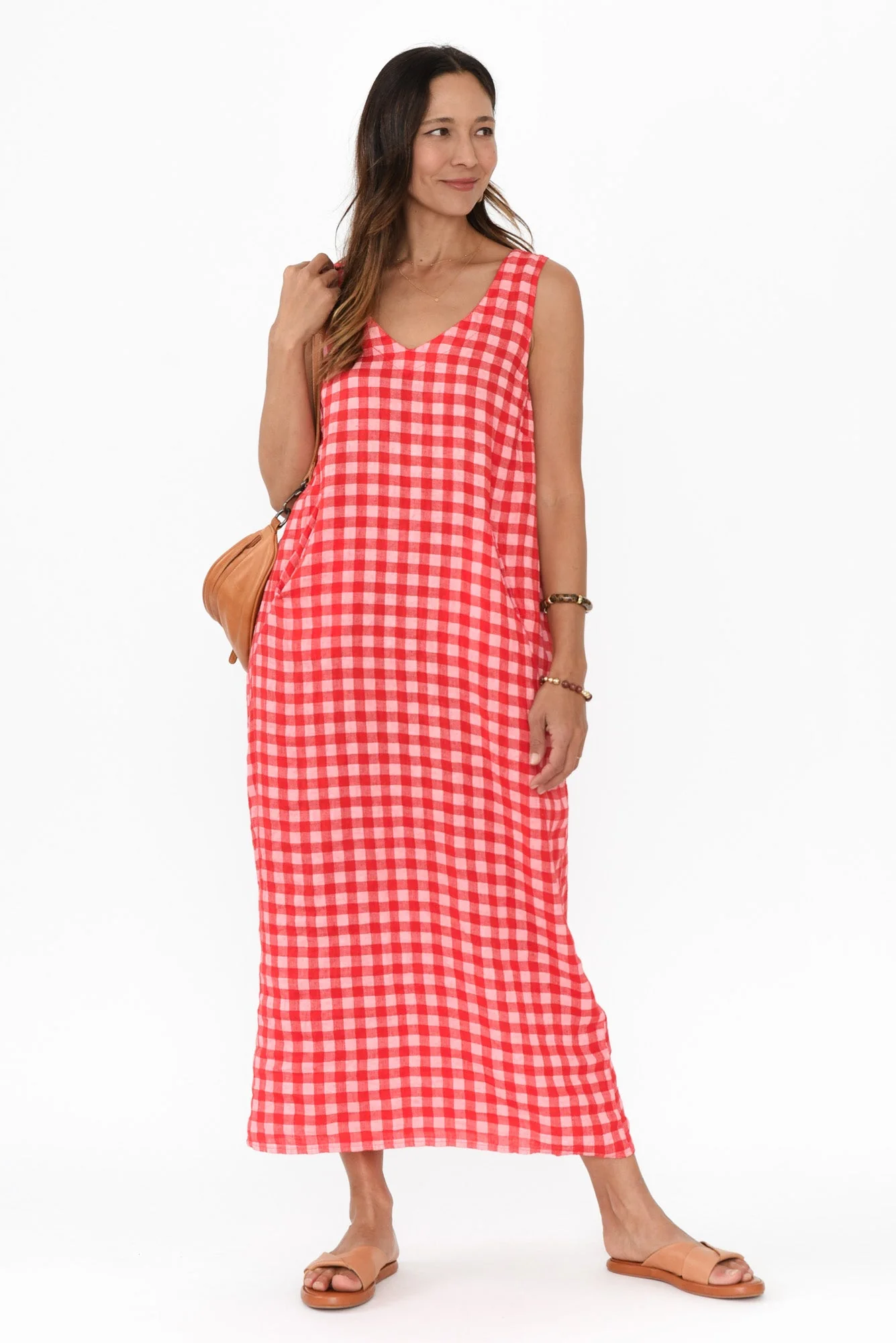 Lisa Red Check Linen Pocket Dress - Image 2