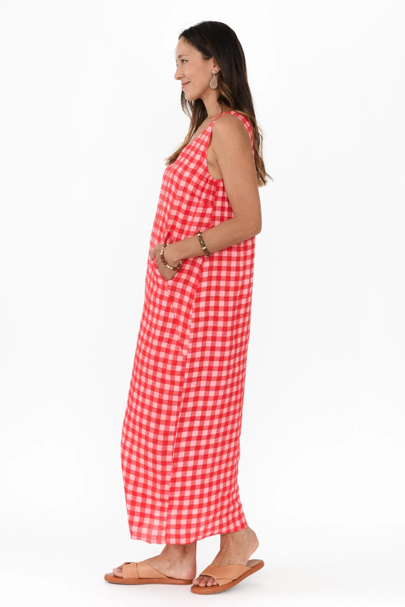 Lisa Red Check Linen Pocket Dress - Image 3