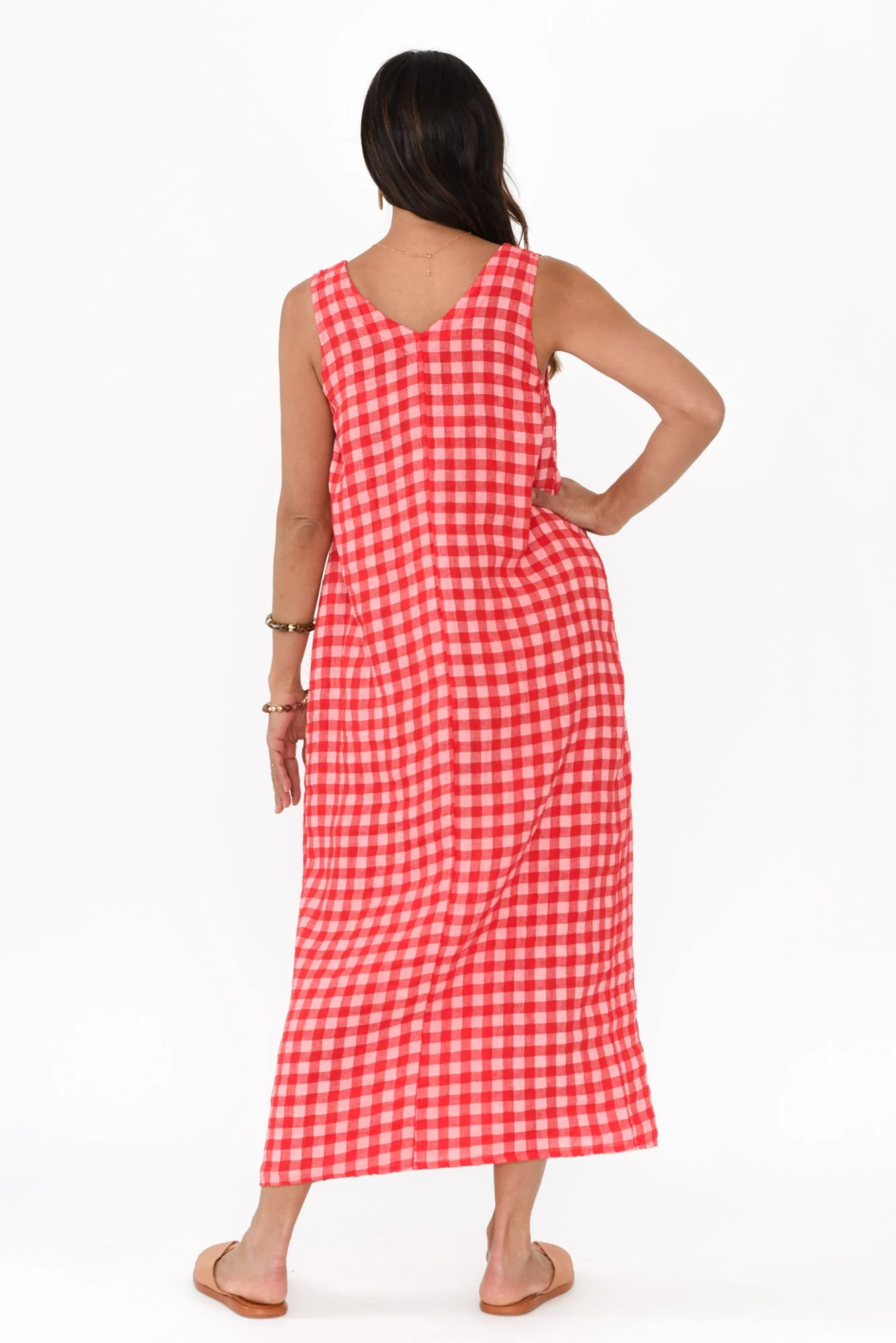 Lisa Red Check Linen Pocket Dress - Image 4