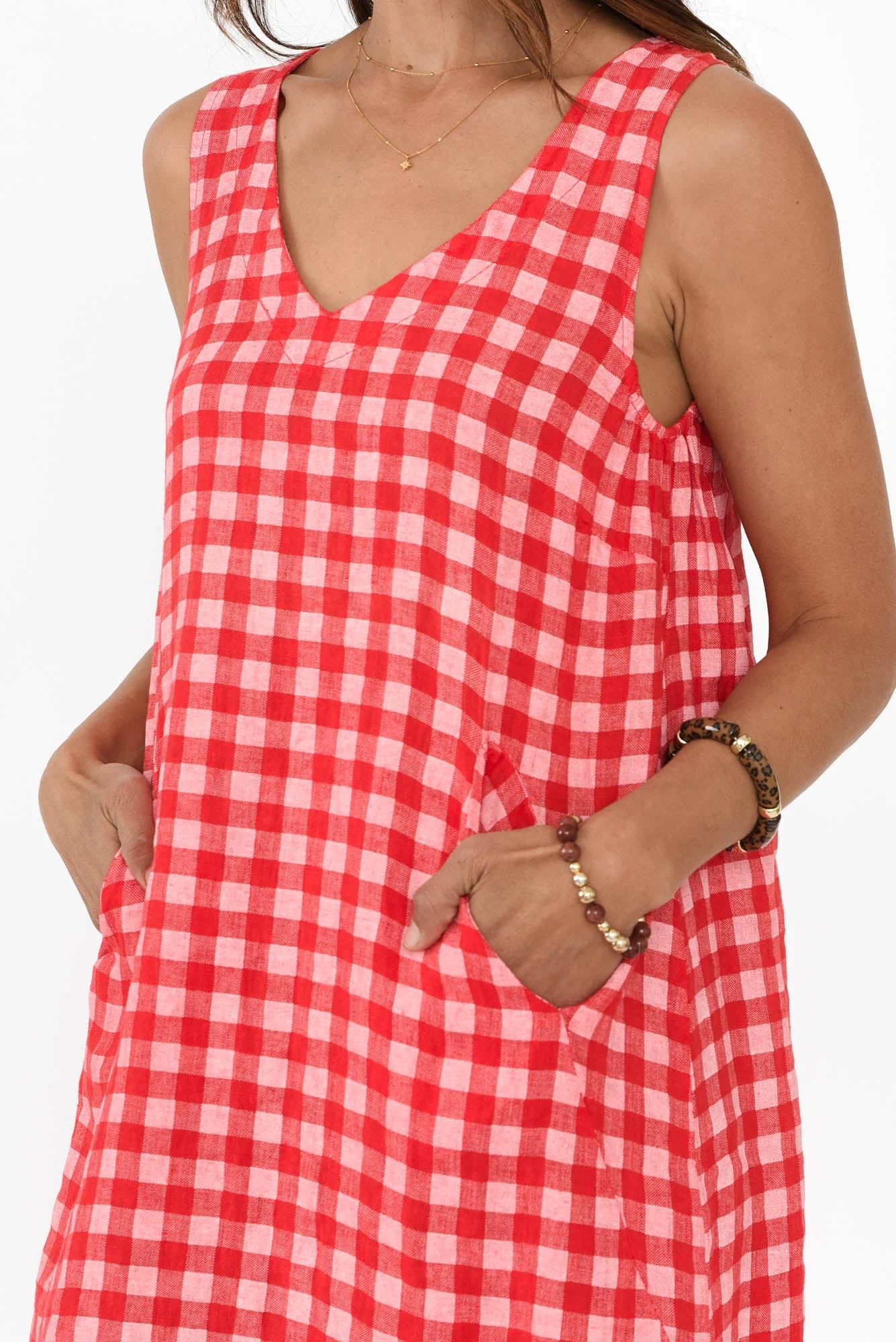 Lisa Red Check Linen Pocket Dress - Image 5