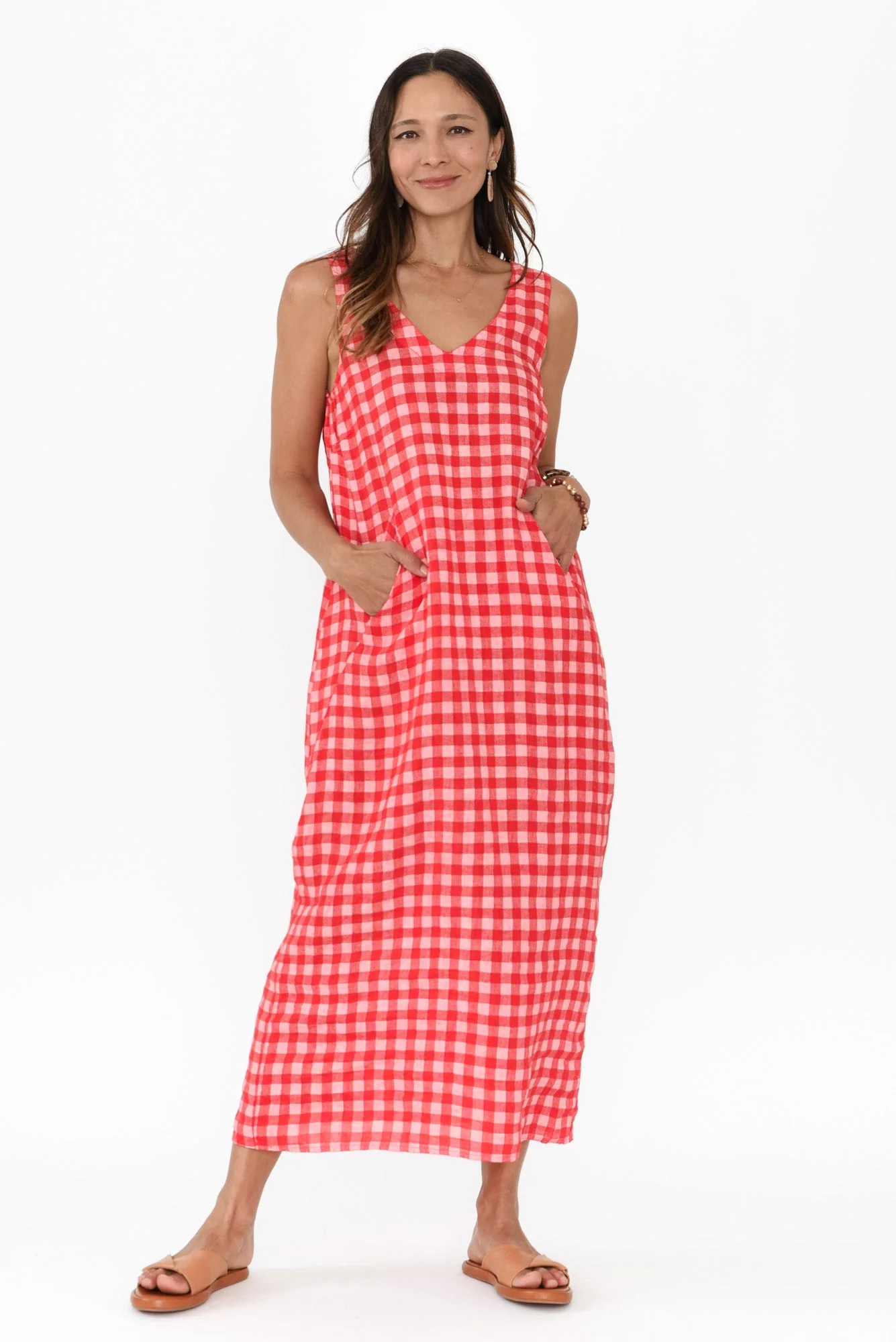 Lisa Red Check Linen Pocket Dress - Image 6