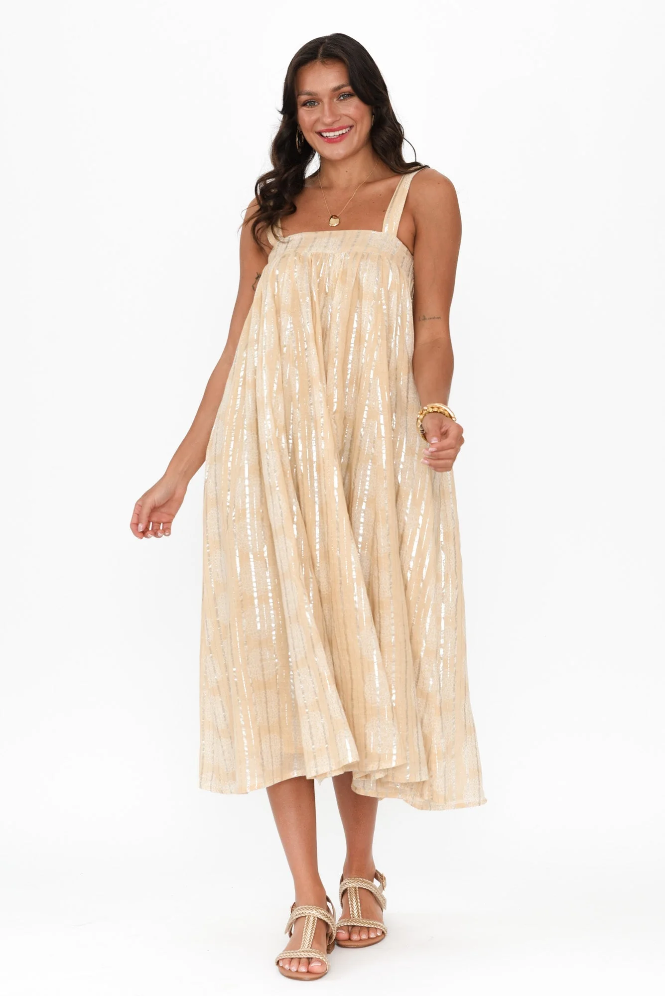 Livvy Beige Stripe Cotton Maxi Dress - Image 2