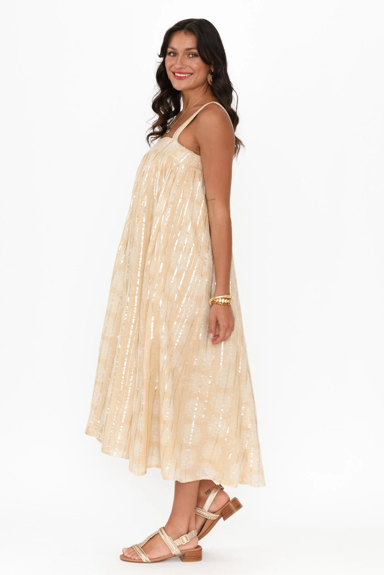 Livvy Beige Stripe Cotton Maxi Dress - Image 3