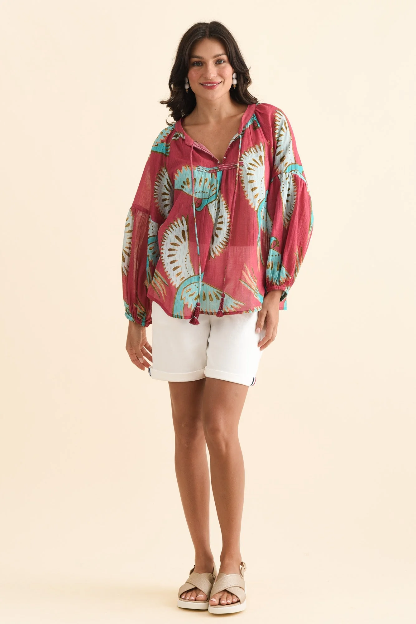 Lorrini Red Bird Cotton Tassel Top - Image 2